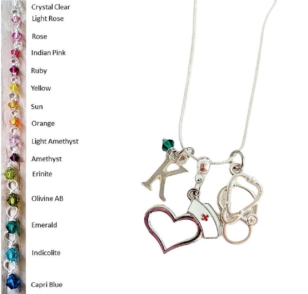Personalized Nurse Charm Necklace with Initial & Genuine Crystal - Handmade Jewelry Gift for Nurses, Medical Professionals & Healthcare Workers (Perfect for Graduation, Appreciation Gifts & Daily Wear)