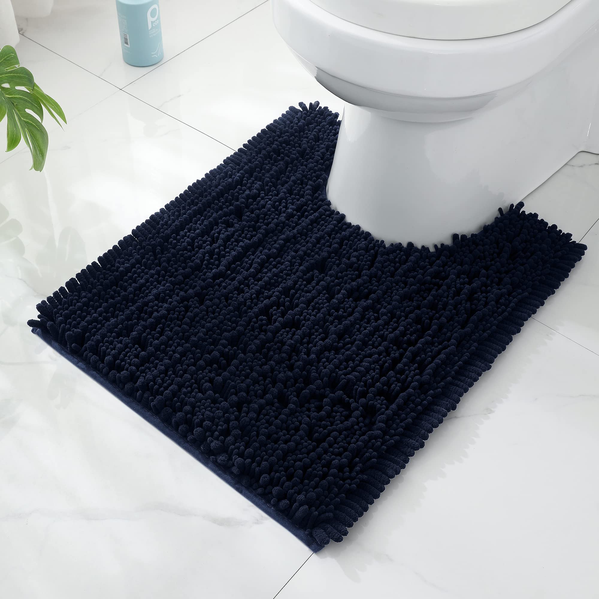 FLOLEOPA Non-Slip Bathroom Contour Rug - 24x20 Inch Navy Blue Microfiber Shaggy Bath Mat | Water Absorbent, Machine Washable U-Shaped Toilet Rug for Bathroom Safety & Comfort | Perfect for Bathroom Floor, Shower & Toilet Area