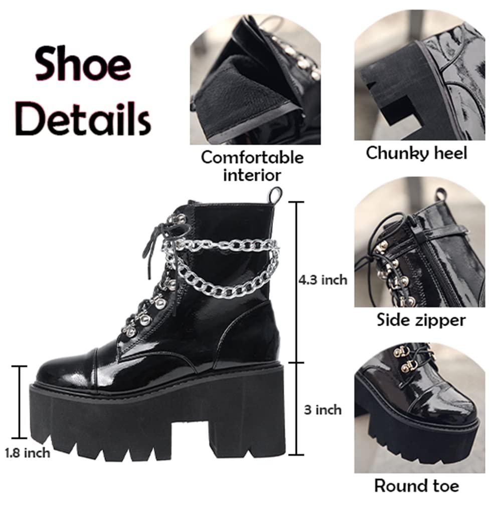 Erocalli Women's Fashion Block Heel Platform Combat Boots - Lace Up Studded Ankle Booties with Chain Detail for Motorcycle & Goth Style | Perfect for Night Out, Concert & Edgy Streetwear Looks