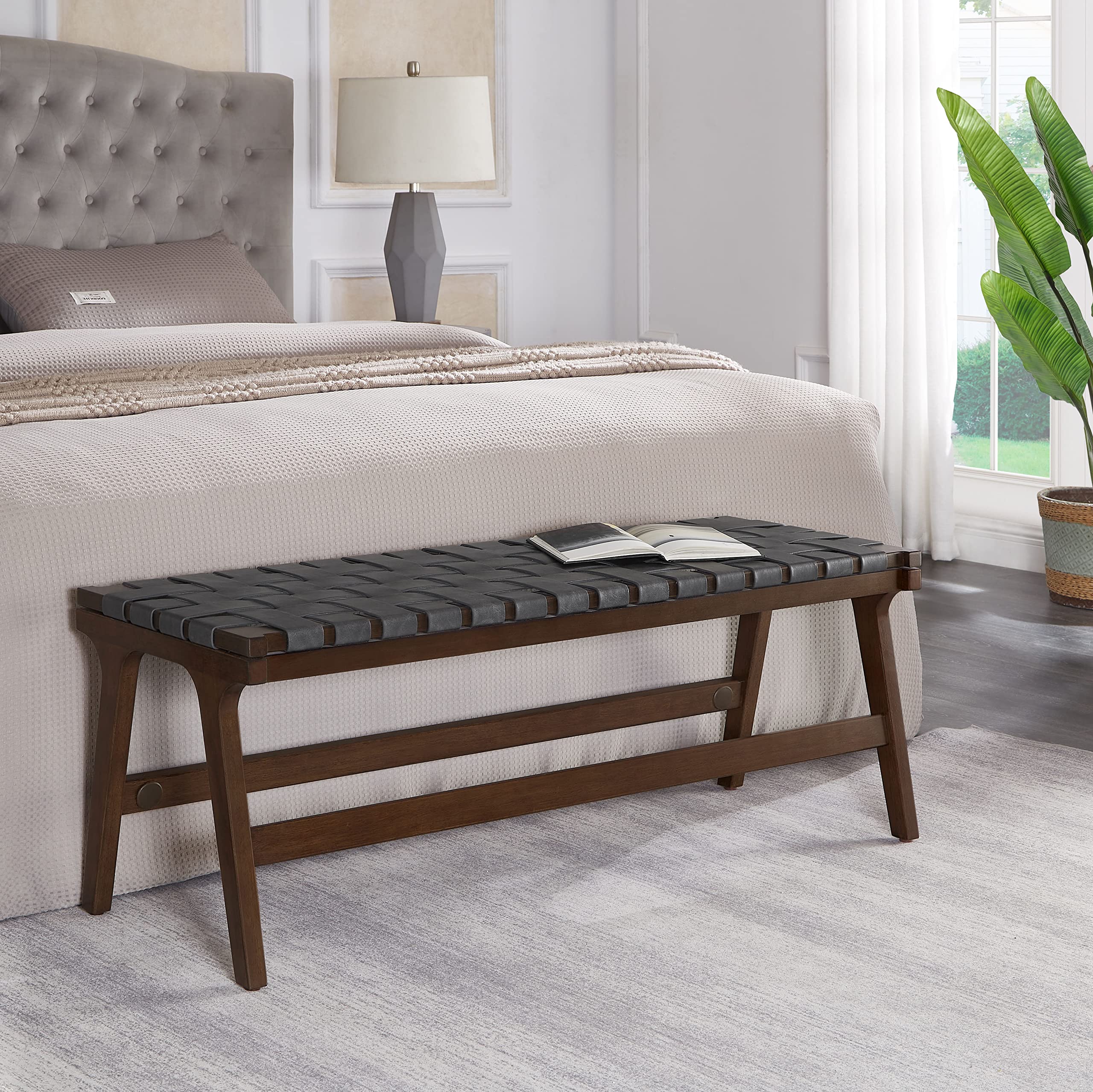 Faux Leather Woven Dining Bench - 48