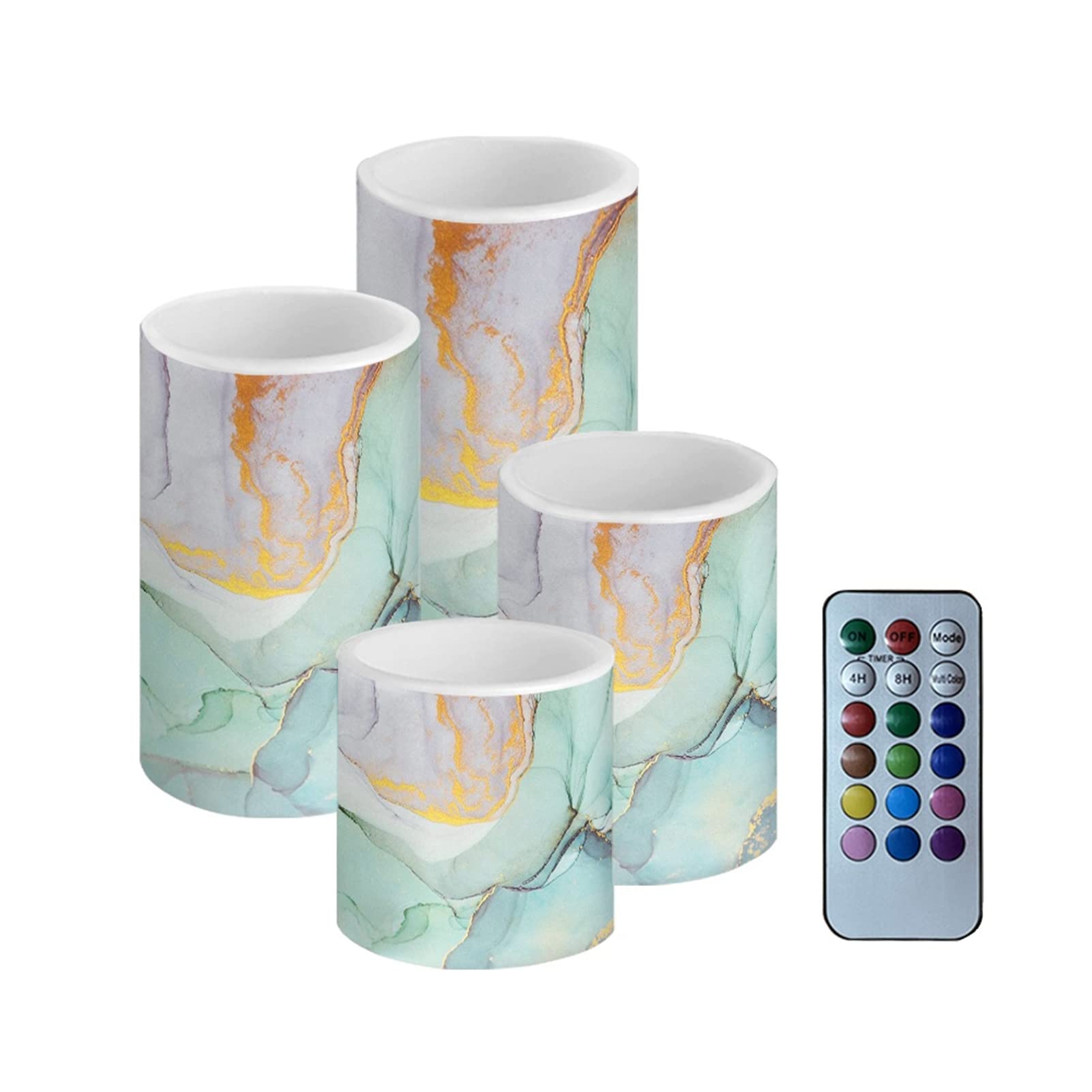 Biyejit Marbles Print Outdoor Waterproof Flameless LED Candles with Remote & Timer - Battery Operated Decorative Lights for Home, Party, Wedding & Garden Decor (Set of 4)