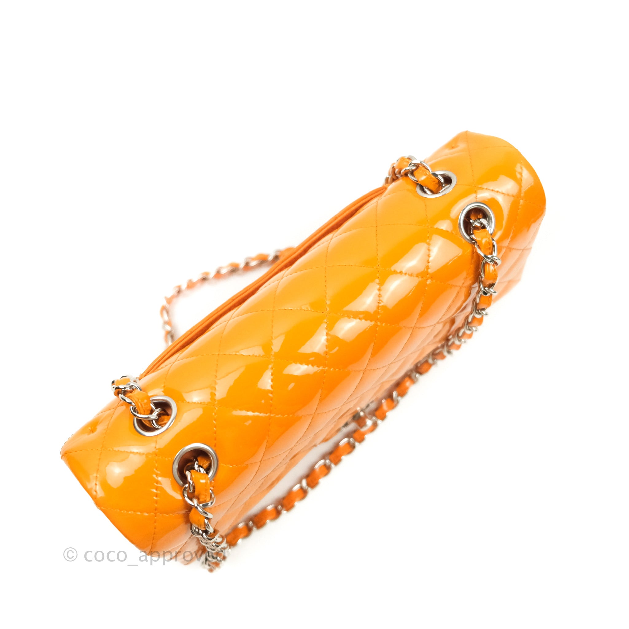 Chanel Classic M/L Medium Double Flap Bag in Orange Patent Leather with Silver Hardware - Perfect for Evening Events & Luxury Fashion Accessories