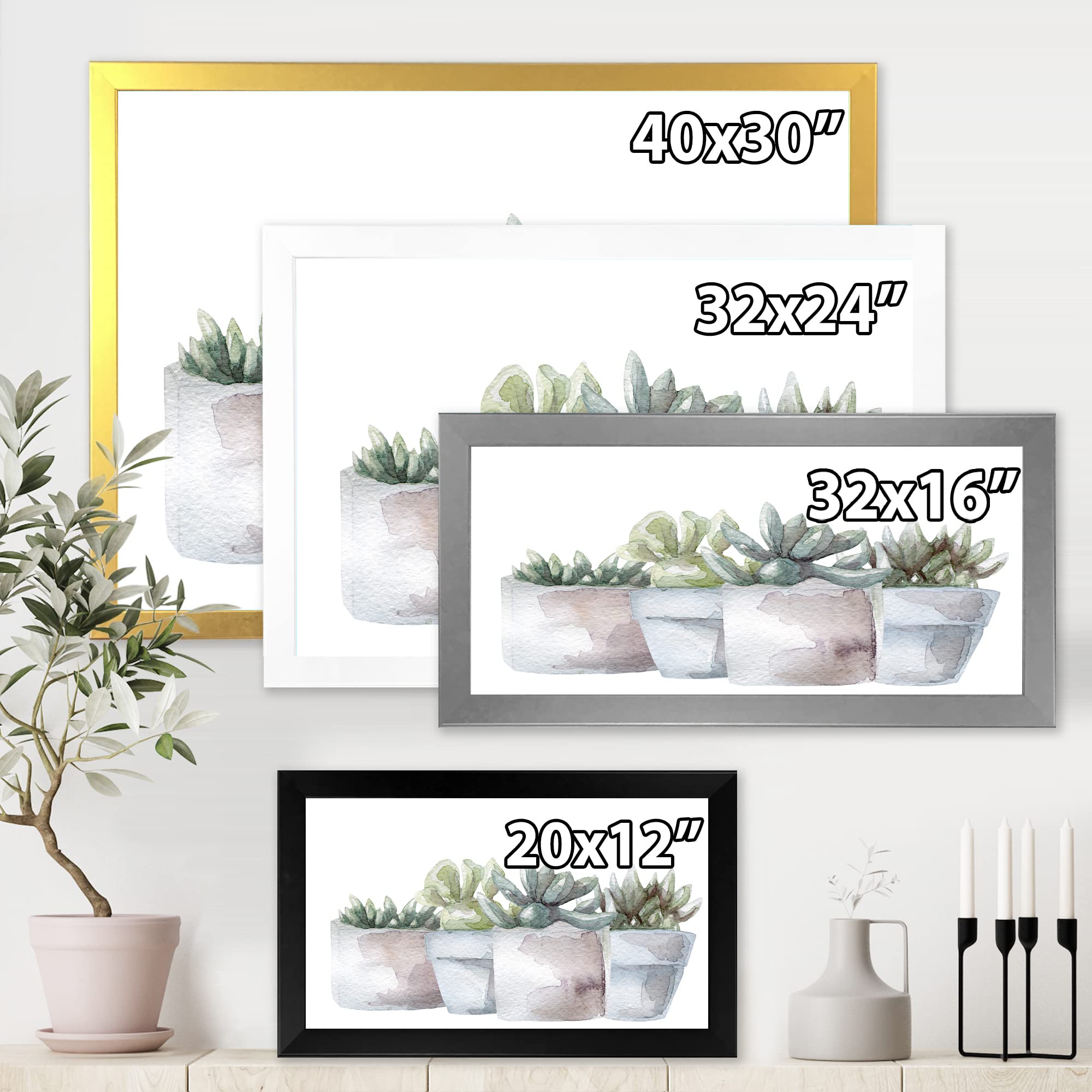 DesignQ Cactus and Succulent House Plants III - Farmhouse Style Framed Wall Art Decor for Living Room, Bedroom & Office