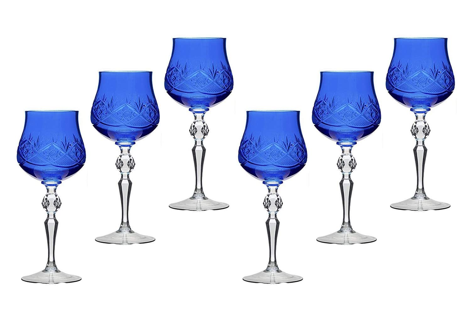 Handmade Russian Color Crystal Wine Glasses Set of 6 - Vintage Blue Stemware for Red & White Wine, Elegant Dinner Parties, Wedding Gifts & Home Bar Decor