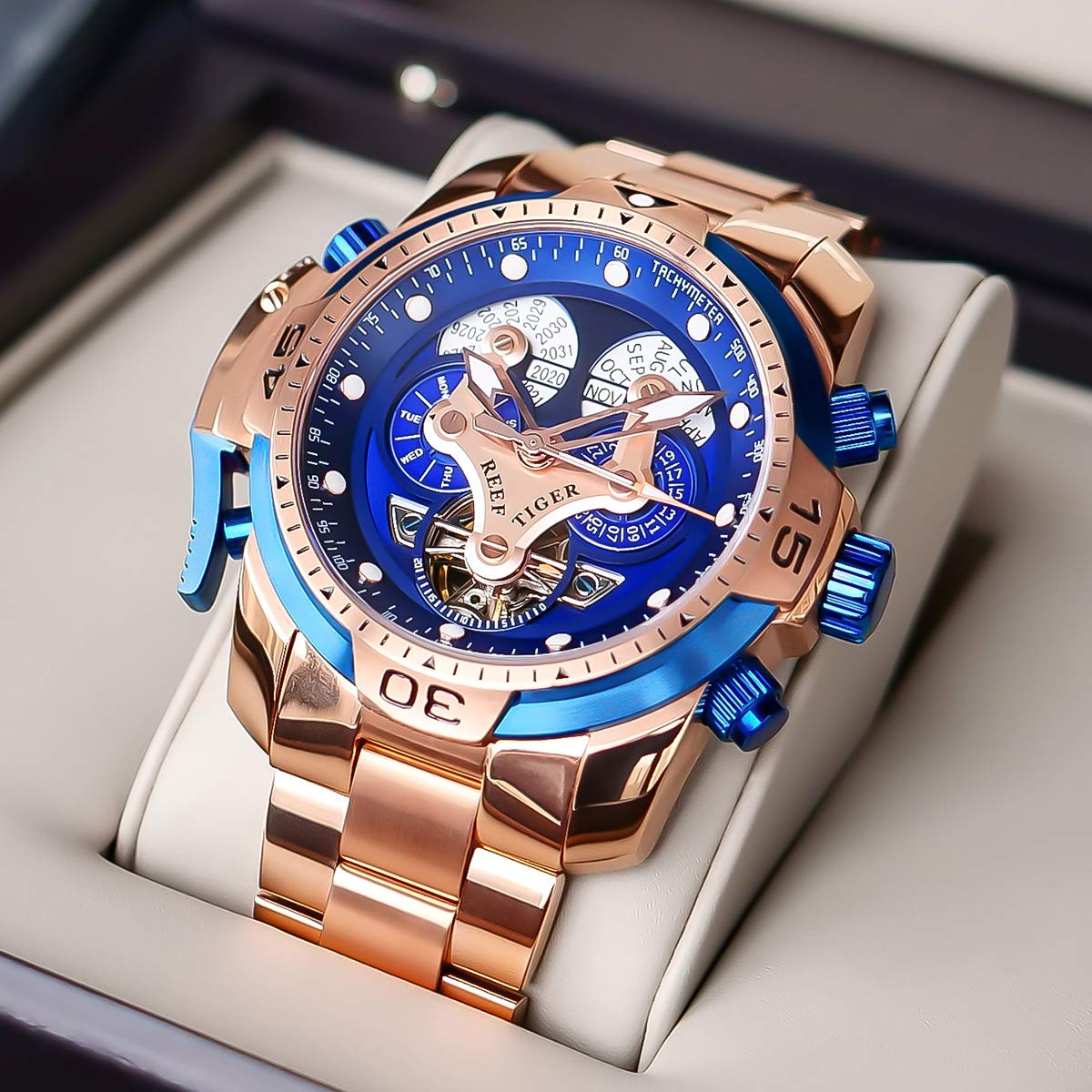 REEF TIGER Luxury Men's Mechanical Watch - Rose Gold Date Day Complicated Bracelet Watch RGA3503 | Perfect for Business, Formal Events & Gift Giving