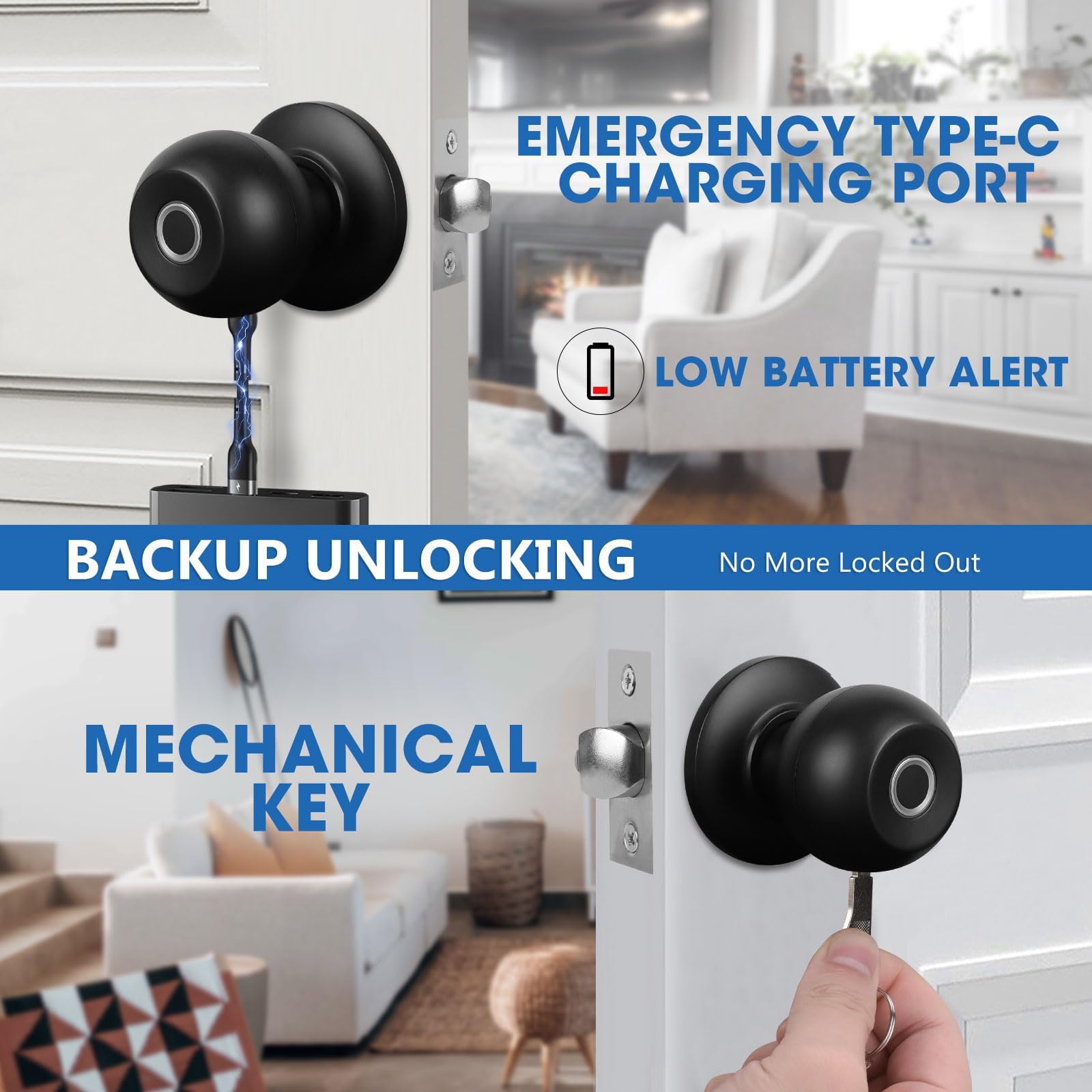 Smart Keyless Entry Door Lock - Fingerprint & Bluetooth App Control, Auto-Locking Biometric Door Handle with Key Backup - Secure Smart Lock for Front Door, Bedroom, Apartment & Vacation Homes (Easy Installation & Remote Access)
