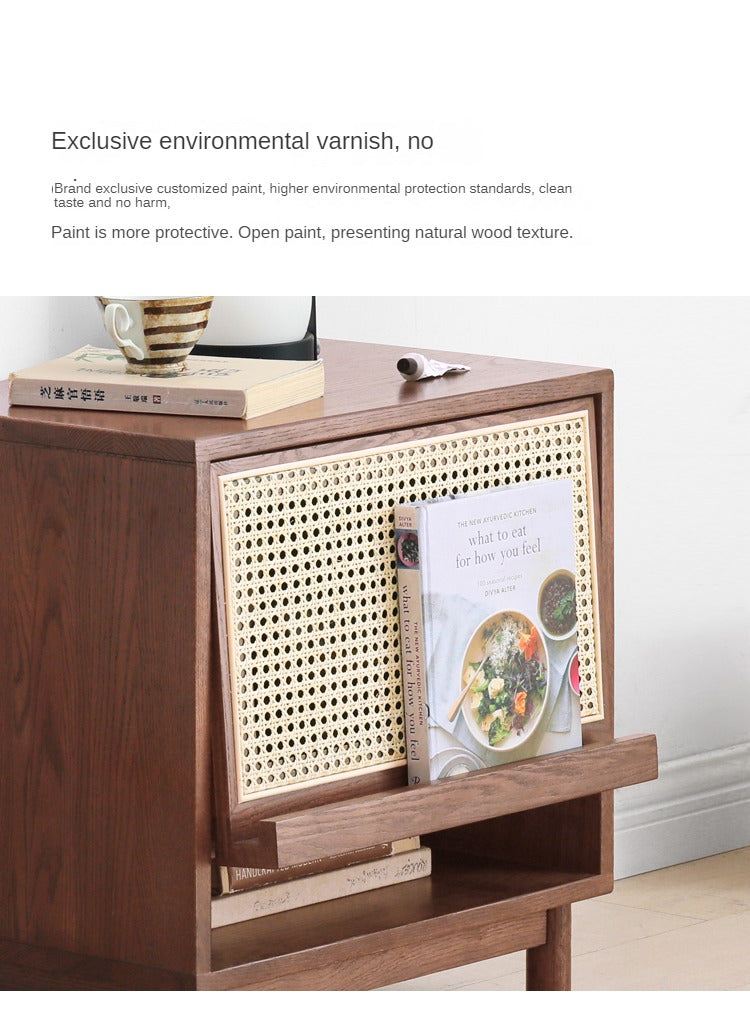 Solid Oak Wood Rattan Magazine Storage Cabinet - Stylish Organizer for Living Room, Bedroom, or Office Décor
