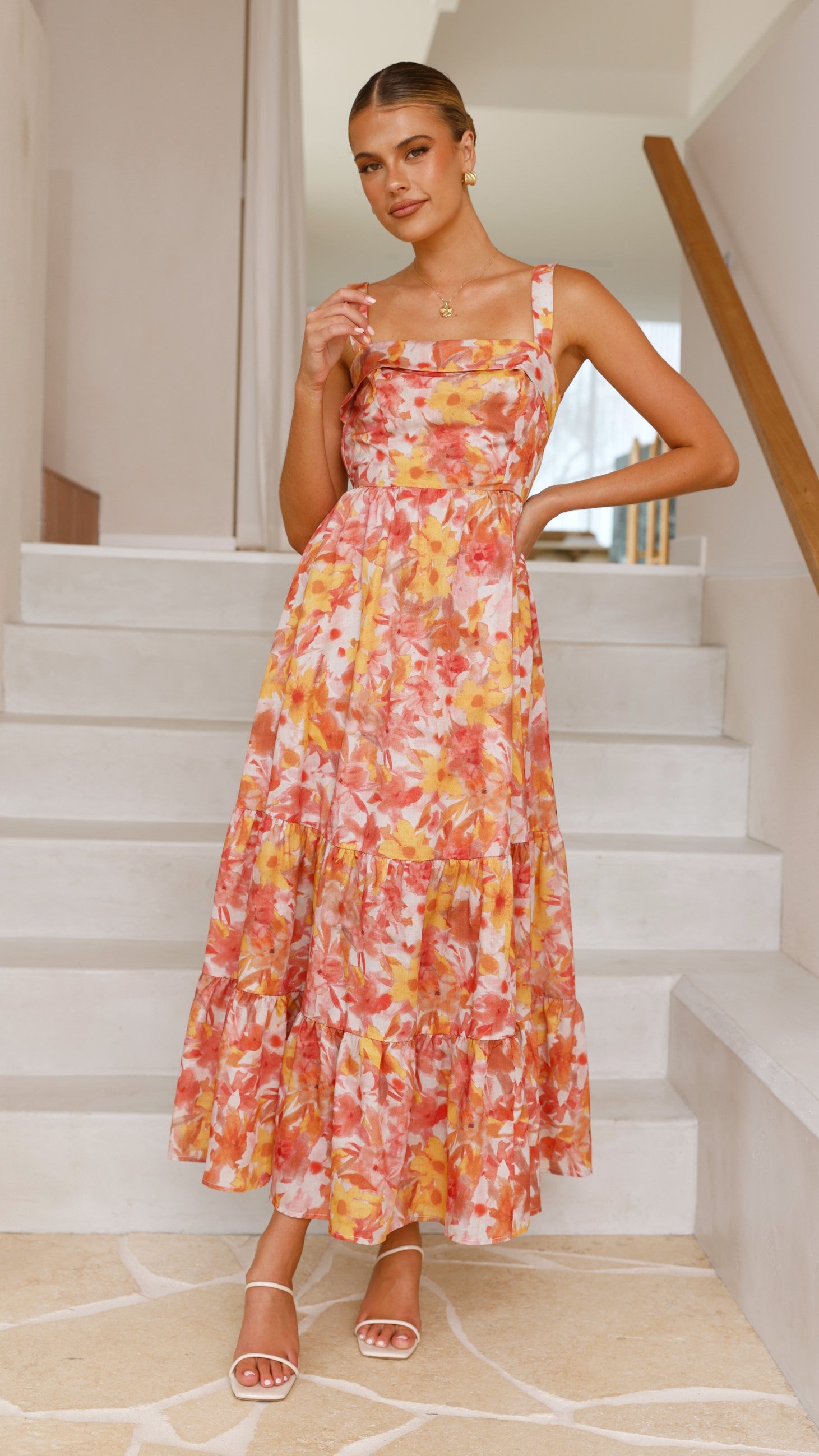 Bairbre Women's Maxi Dress - Orange Red Floral Print Summer Long Dress for Beach, Vacation & Casual Wear