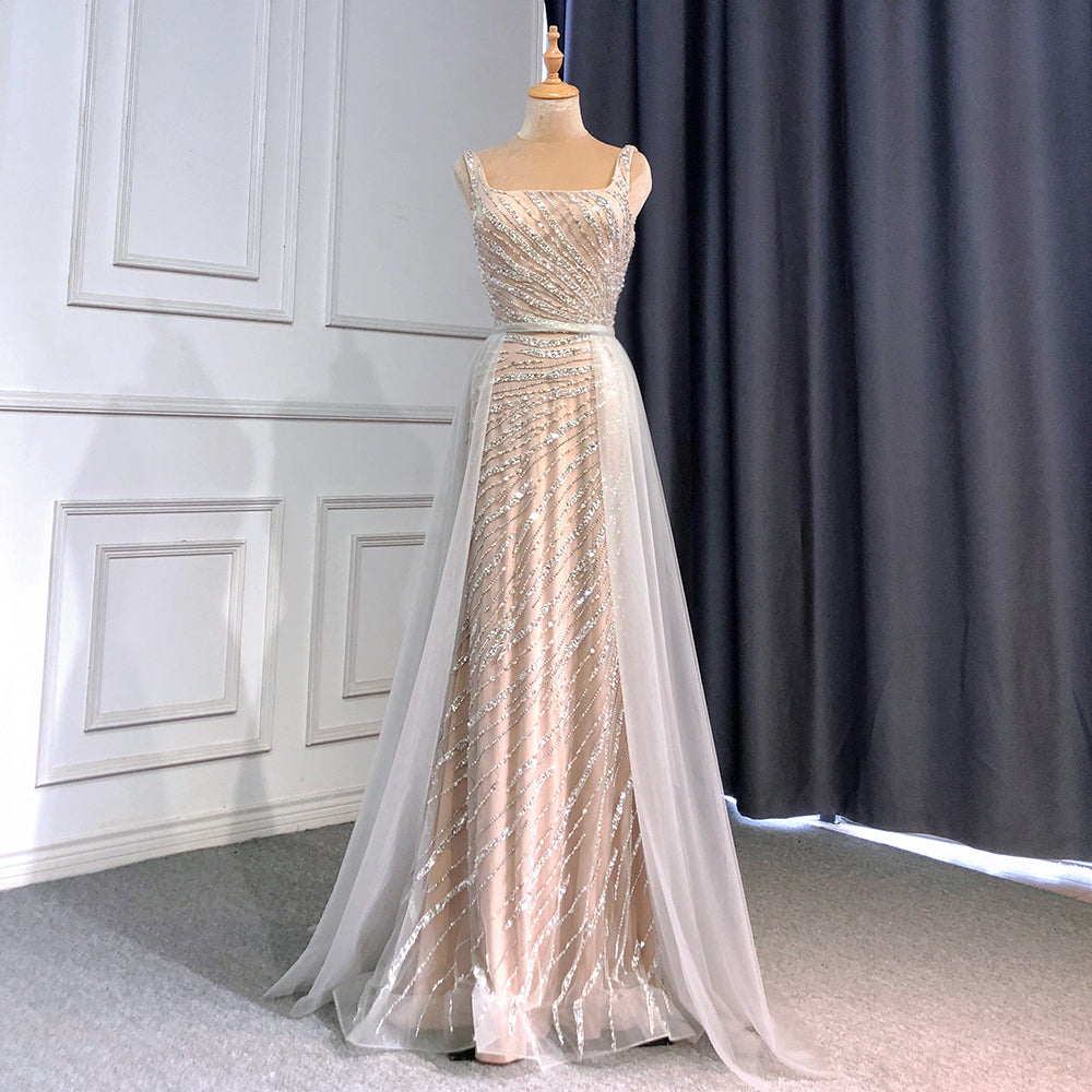 Elegant Grey Nude Mermaid Evening Dress with Detachable Skirt - Beaded Luxury Party Gown for Women 2025 | Perfect for Prom, Wedding Guest & Formal Events