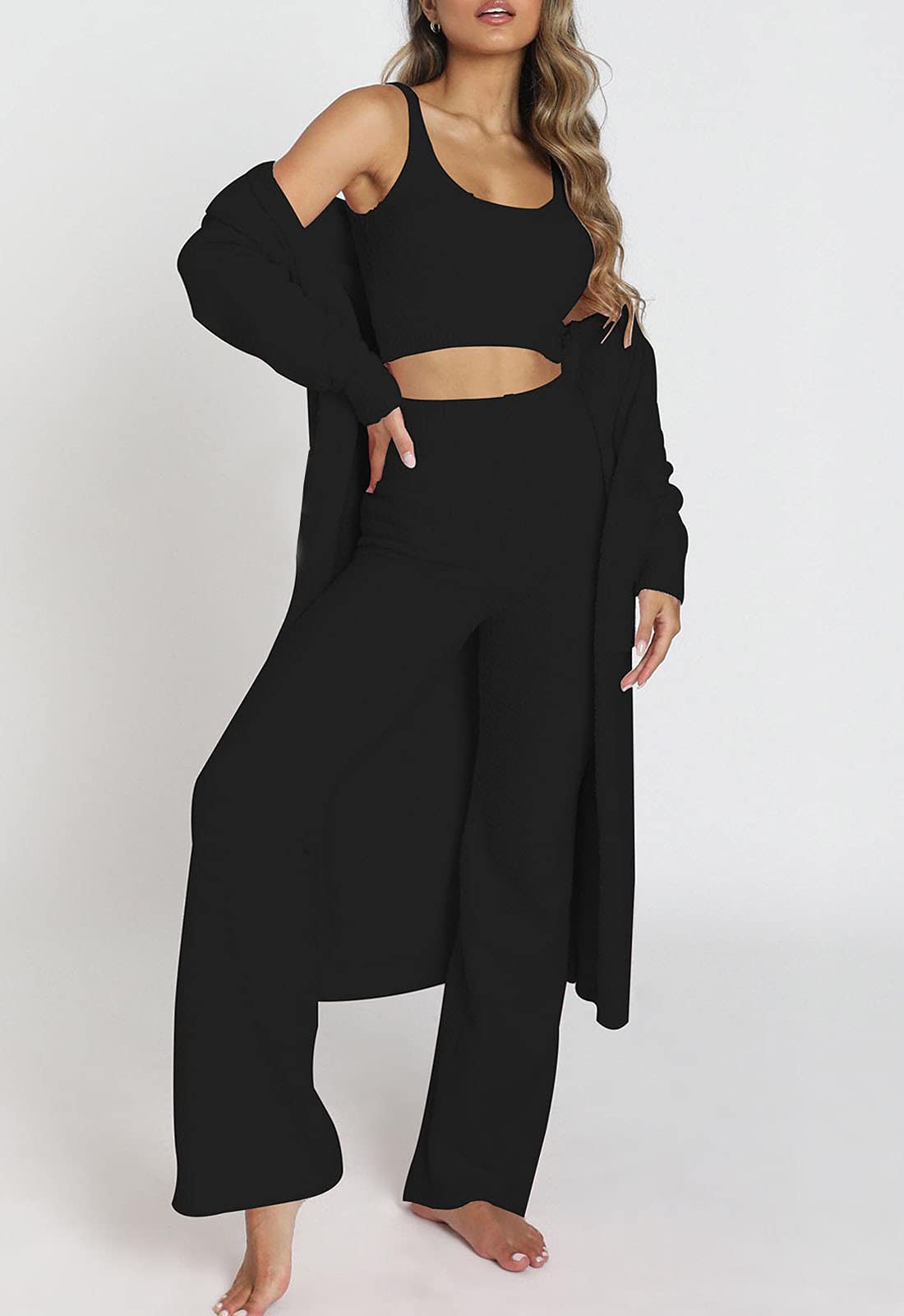 Fixmatti Women's 3 Piece Fuzzy Sweatsuit Set - Open Front Cardigan, Crop Tank Top & Wide Leg Pants Lounge Outfit (Black, Small) | Cozy Home Wear, Casual Street Style & Relaxing Loungewear