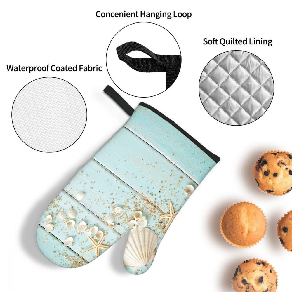 Seashells Design Wooden Background Oven Mitts & Pot Holders Set of 3 - Heat Resistant BBQ Gloves for Kitchen Cooking Baking Grilling - Perfect for Women's Home Cooking & Outdoor BBQ Parties