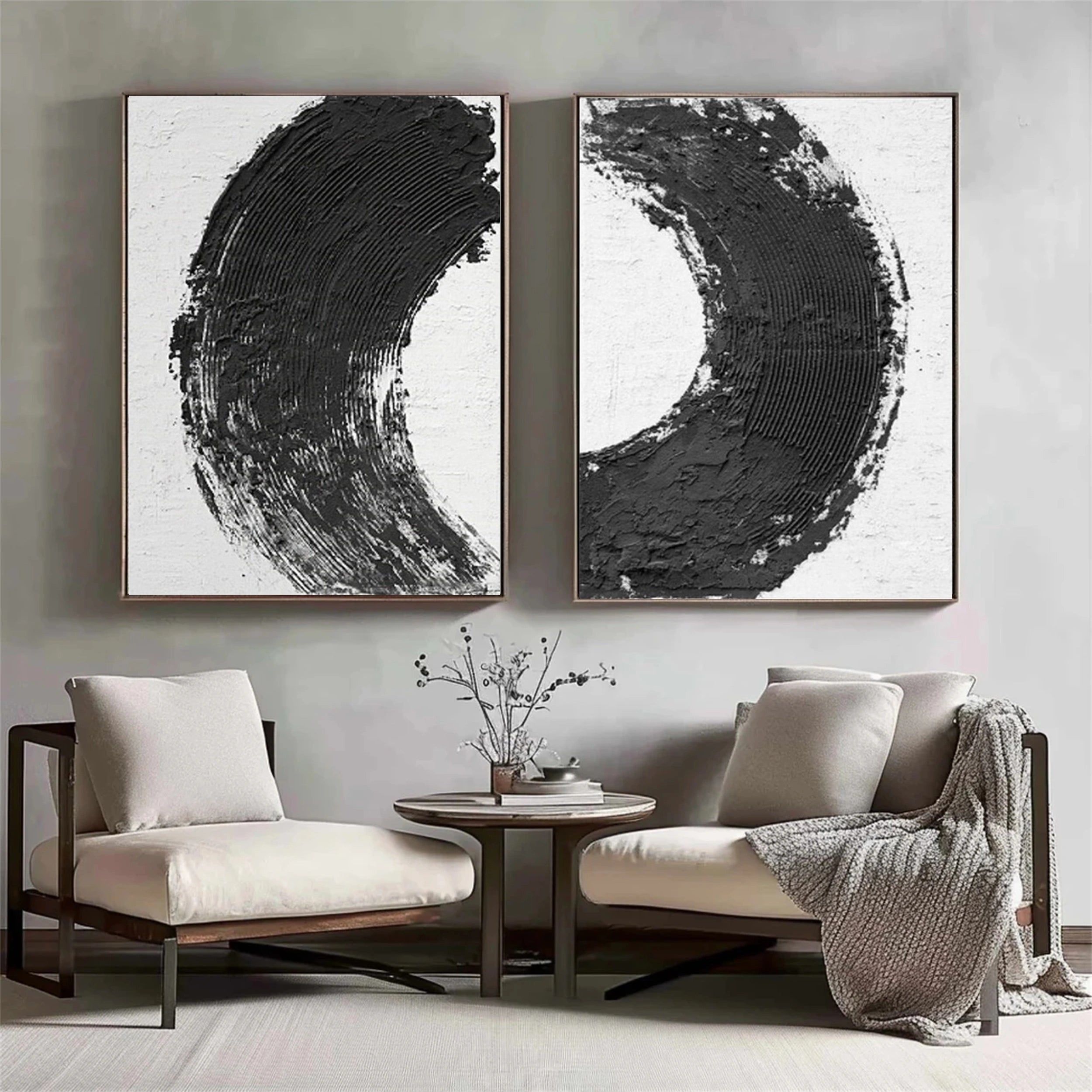 Modern Black and White Textured Minimalist Wall Art Set of 2 - Abstract Canvas Paintings for Living Room, Bedroom & Office Decor | #MZ070