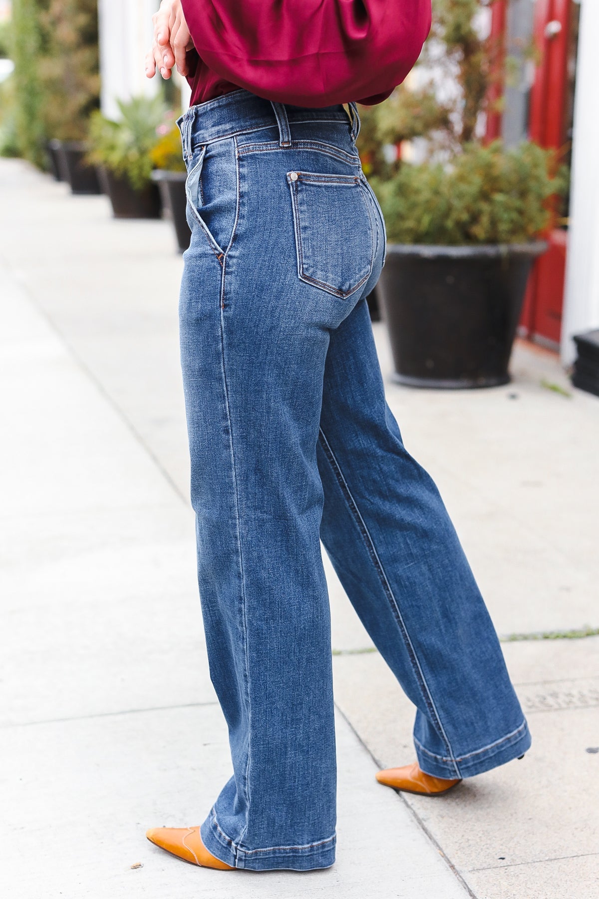 Judy Blue High Rise Double Button Crisscross Detail Wide Leg Jeans for Women - Comfortable Stretch Denim Pants for Casual Wear & Everyday Outfits
