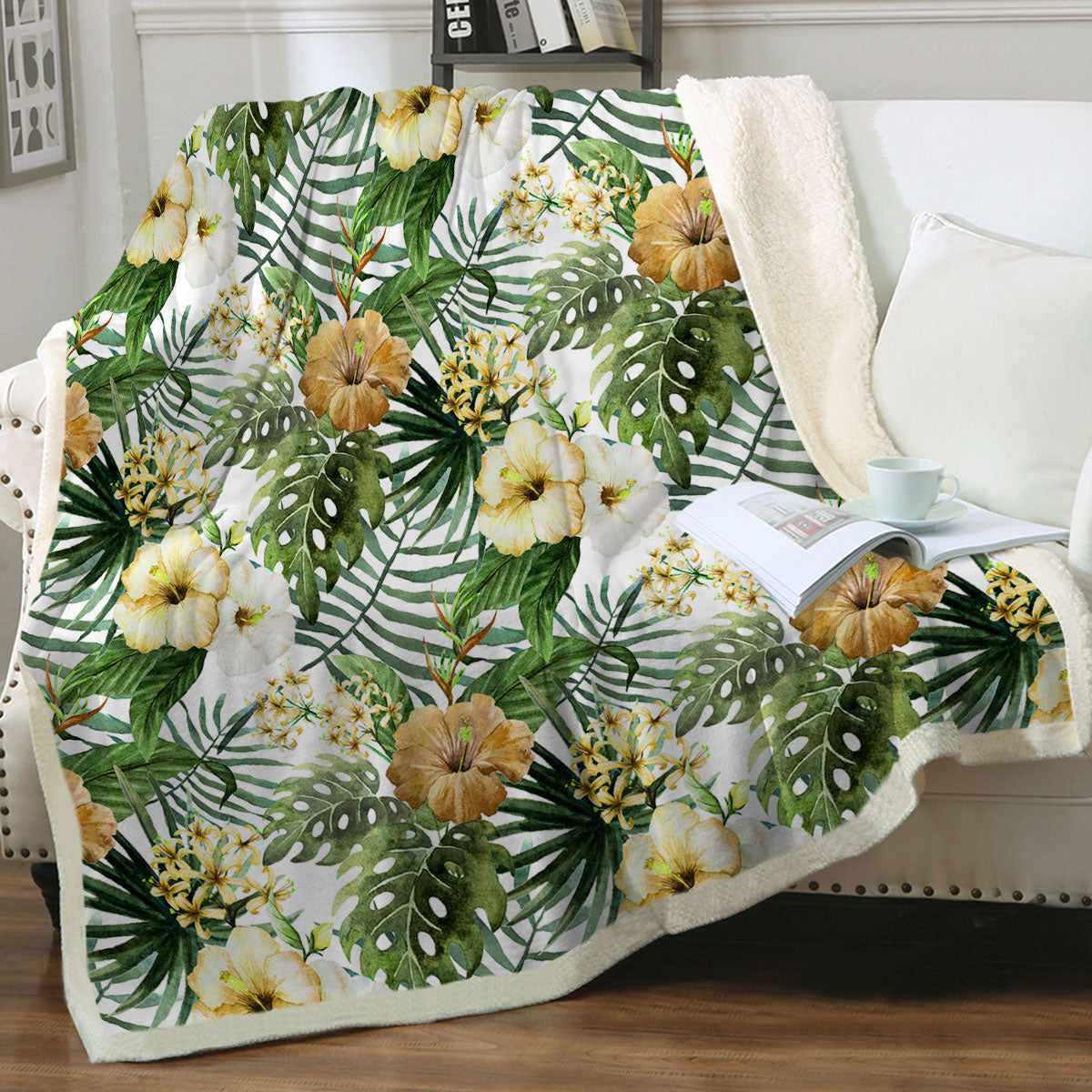 Cozy Hibiscus Tropics Soft Sherpa Blanket - Ultra Plush Flannel Throw for Bed, Couch & Travel - Perfect for Winter Nights, Camping & Gift Giving
