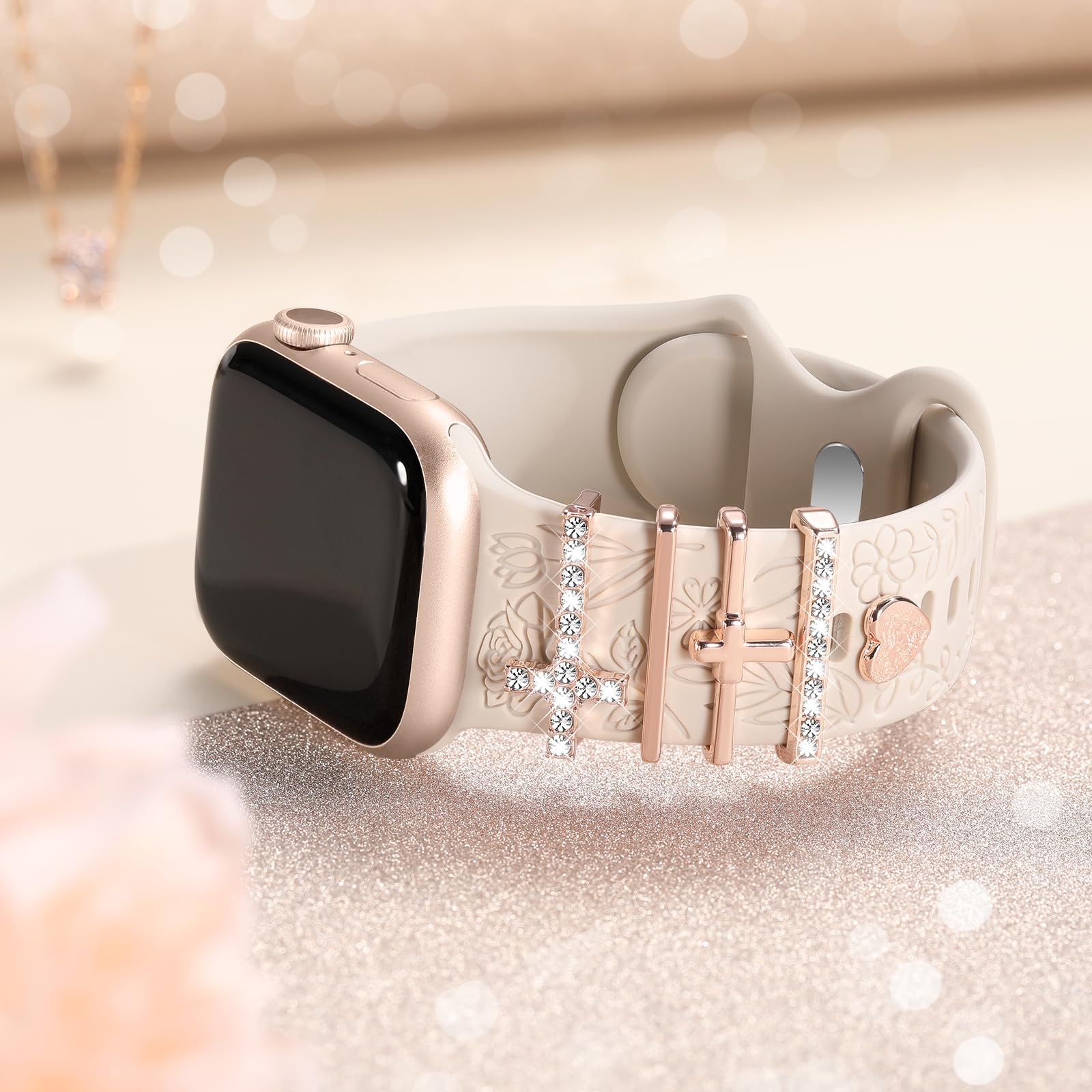 DaQin Floral Engraved Silicone Band Compatible with Apple Watch 40mm 38mm 41mm 44mm 42mm 45mm - Women's Fashion Strap with Charms for iWatch Series 9/8/7/6/5/4/3/2/1/SE - Perfect for Workouts, Office & Everyday Wear