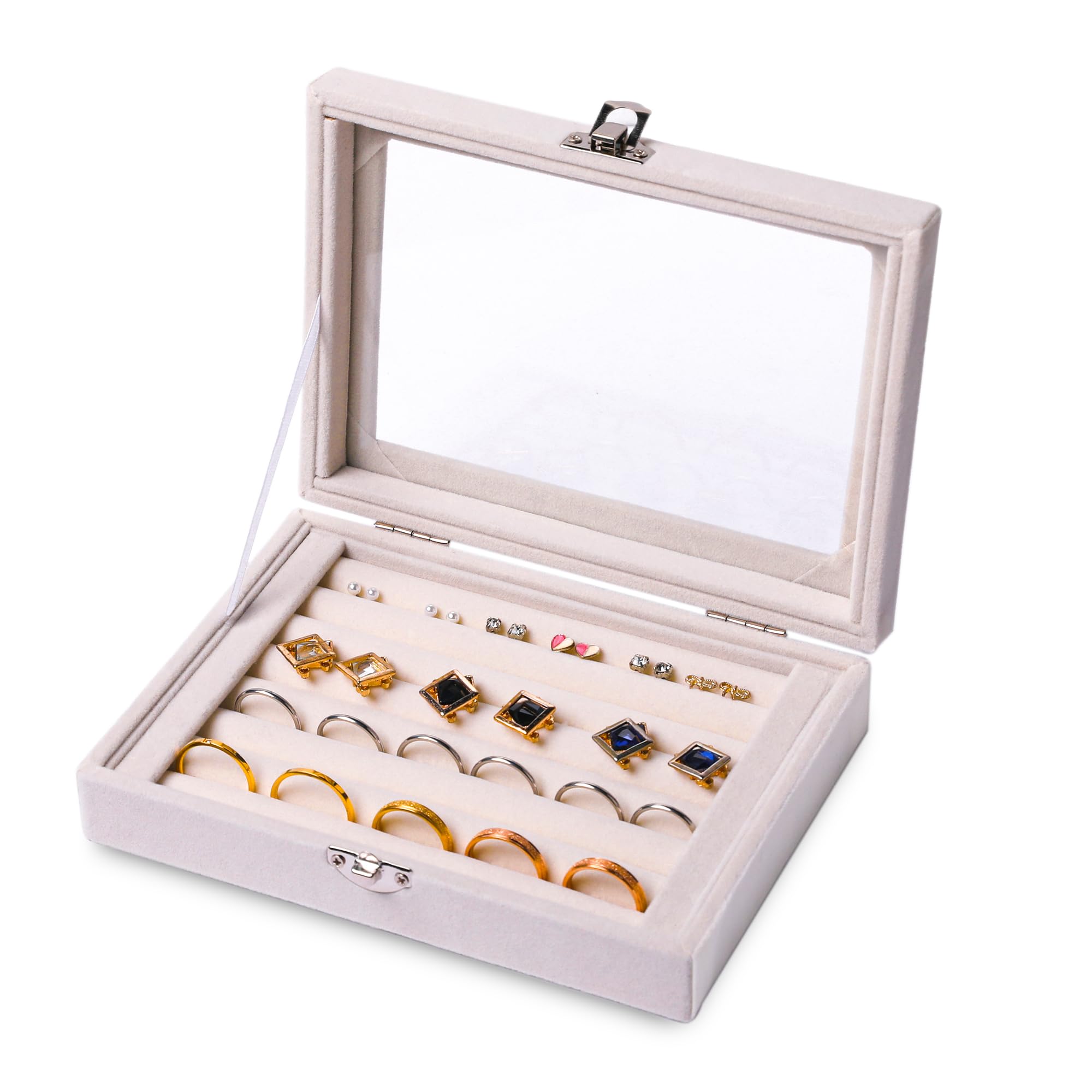 Frebeauty 7-Slot Ring and Earring Organizer Tray with Clear Lid - Velvet Jewelry Storage Box, Drawer Insert & Display Case - Perfect Gift for Women and Girls (Beige) - Ideal for Travel, Vanity Organization, and Jewelry Protection