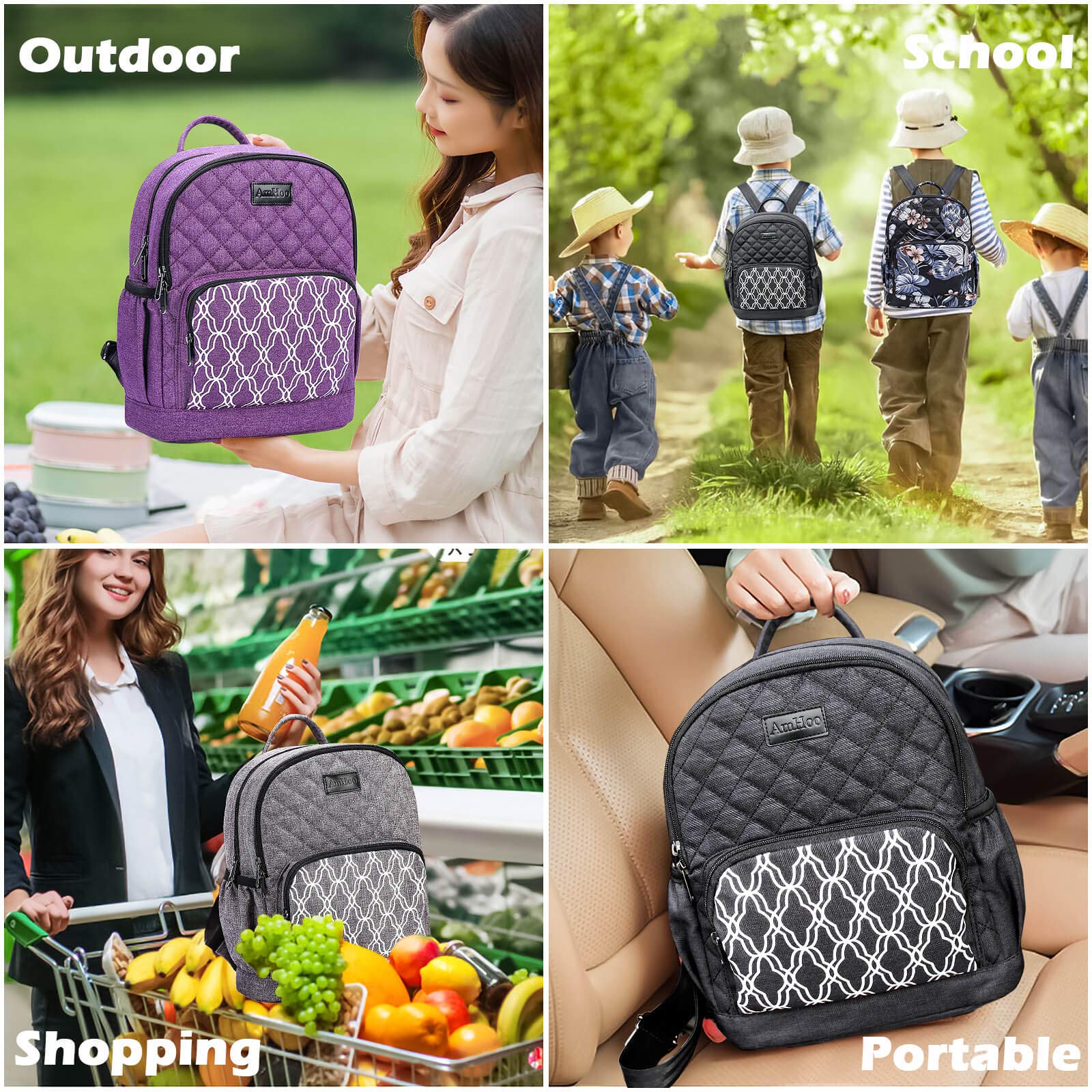 AmHoo Insulated Lunch Box Bag - Reusable Cooler Backpack with Double Zippers, Waterproof & Multiple Pockets for Women | Perfect for Hiking, Beach, Picnic & Travel (Black)