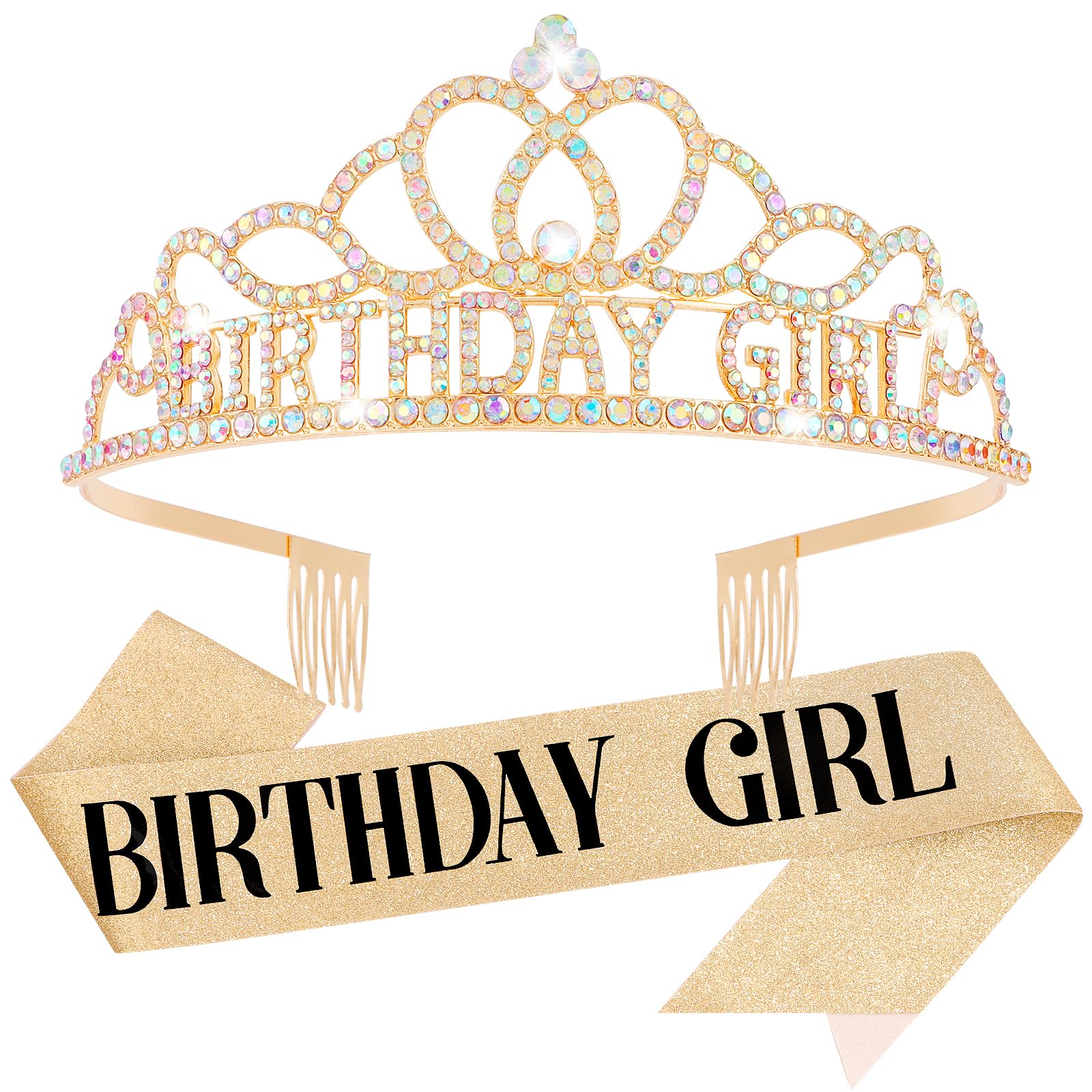 Sparkly Rhinestone Birthday Crown & Sash Set for Women - Elegant Birthday Tiara Headband with Hair Accessories - Perfect for Birthday Girl Decorations, Parties, Photo Shoots & Special Occasion Gifts