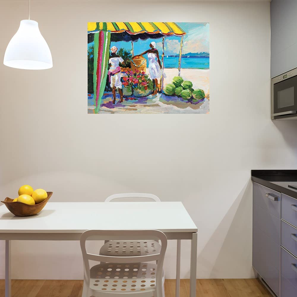 Tropical Fruit Stand Canvas Wall Art - Hand Painted by Artist Jane Slivka - 32x24 Inch Ready to Hang Painting for Living Room, Bedroom, Office Decor - Vibrant Kitchen & Dining Room Wall Decor - Perfect for Home, Bar or Guest Room