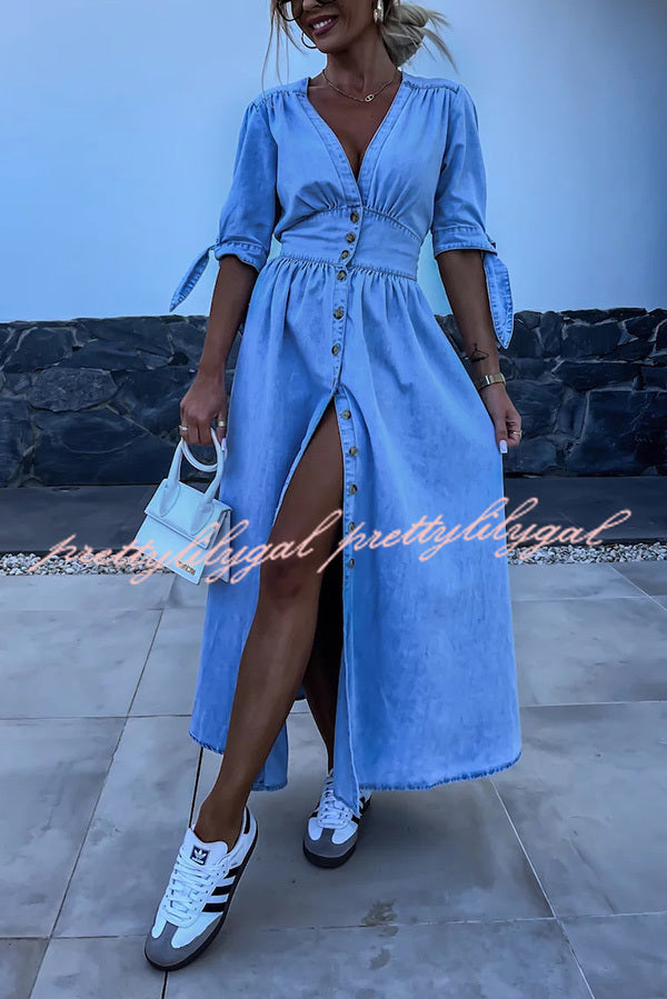 Stylish Solid Color V-Neck Button Down Denim Midi Dress for Women | Casual & Office Wear | Perfect for Spring & Summer Outings