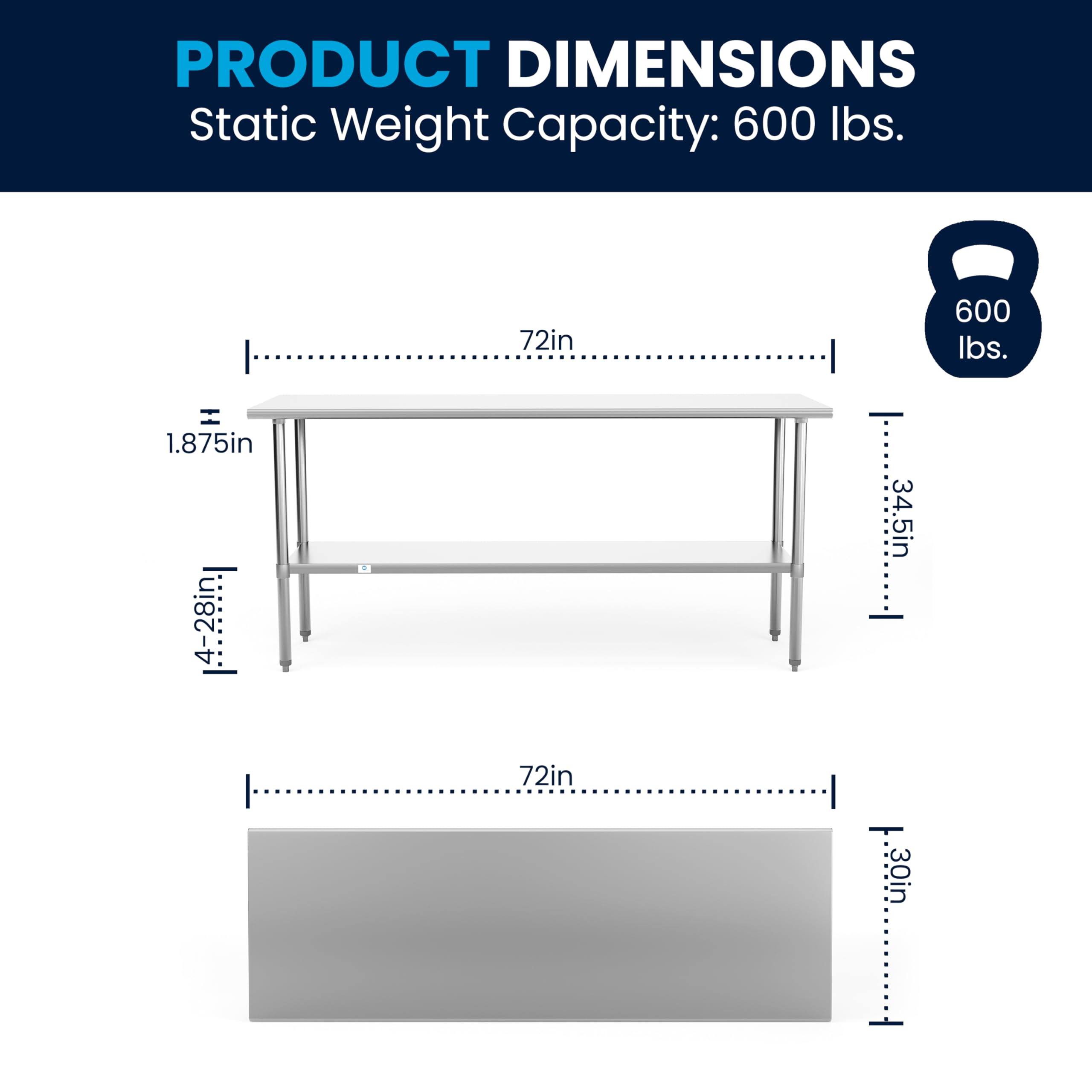 Flash Furniture NSF Certified Stainless Steel Commercial Kitchen Prep Table with Undershelf Storage - Heavy Duty Work Table for Restaurant, Bakery & Food Prep (Silver)