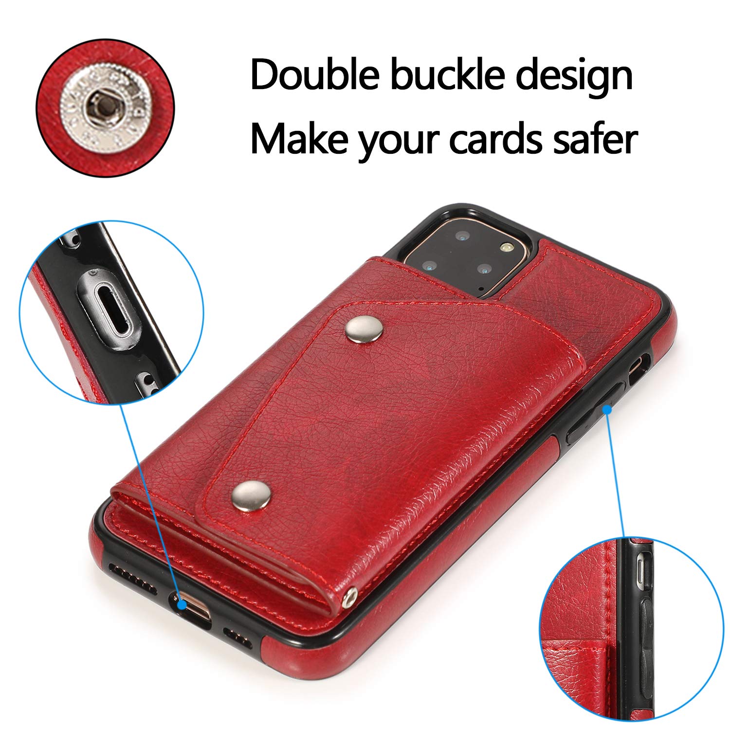 Premium PU Leather iPhone 11 Pro Max Wallet Case with Card Holder Slot - Crossbody Neck Strap & Wrist Strap Included - Protective Credit Card Holder Phone Cover (Red) - Perfect for Travel, Shopping & Everyday Use