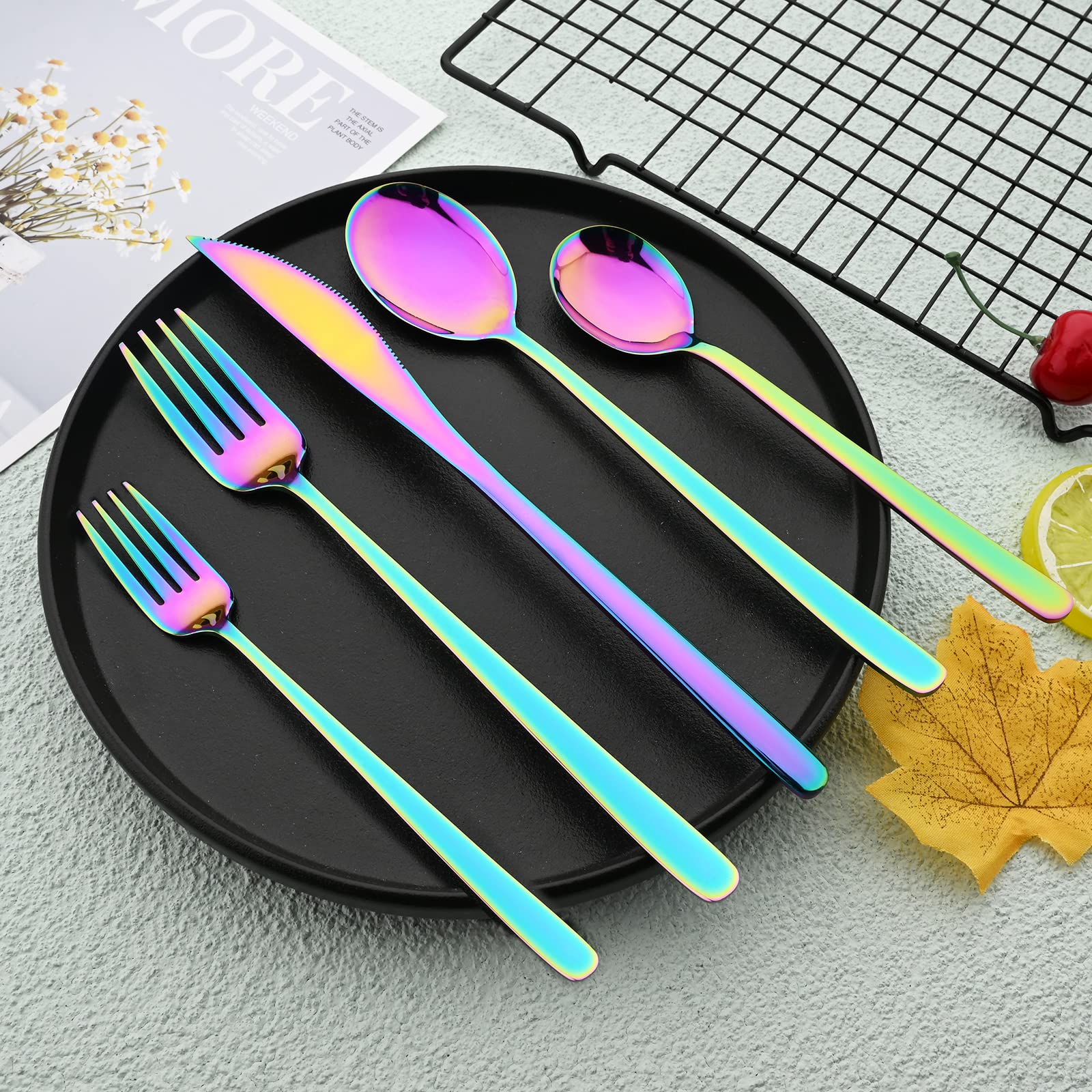 30-Piece Korean Style Silverware Set - Reusable SUS304 Stainless Steel Fork & Spoon Set - Mirror Finish Rainbow Utensils - Dishwasher Safe & Portable Flatware for Picnics, Parties & Home Dining