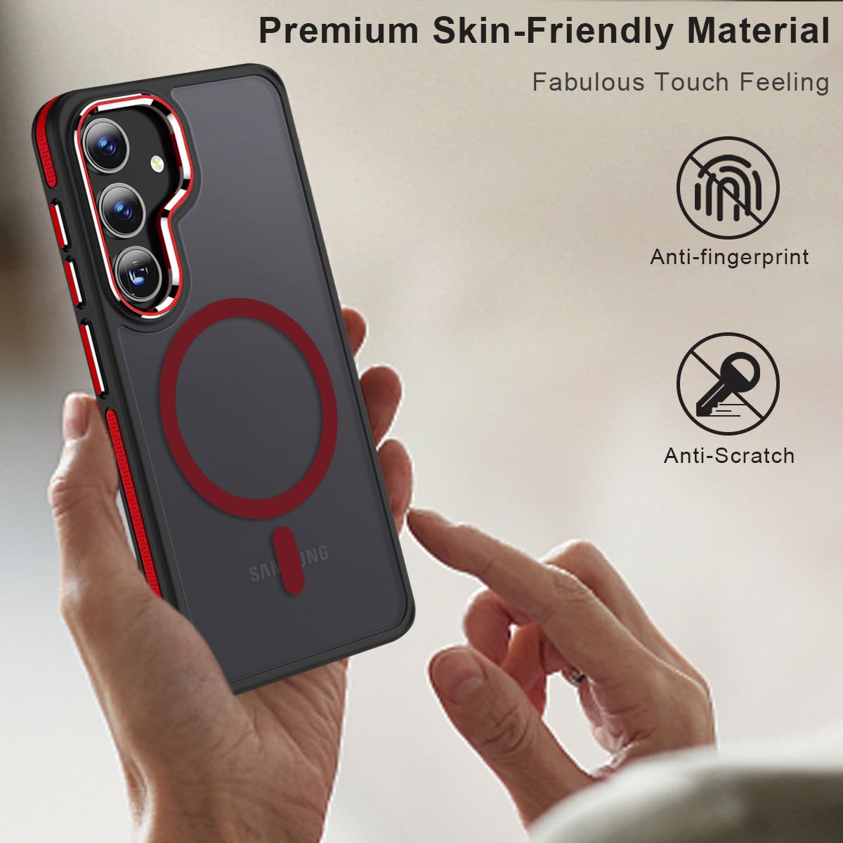 Magnetic Case for Samsung Galaxy S24+ Plus 5G - Magsafe Compatible, Military Grade Drop Protection, Anti-Slip Soft TPU Edge Phone Cover (Black/Red) - Perfect for Work, Travel & Outdoor Activities