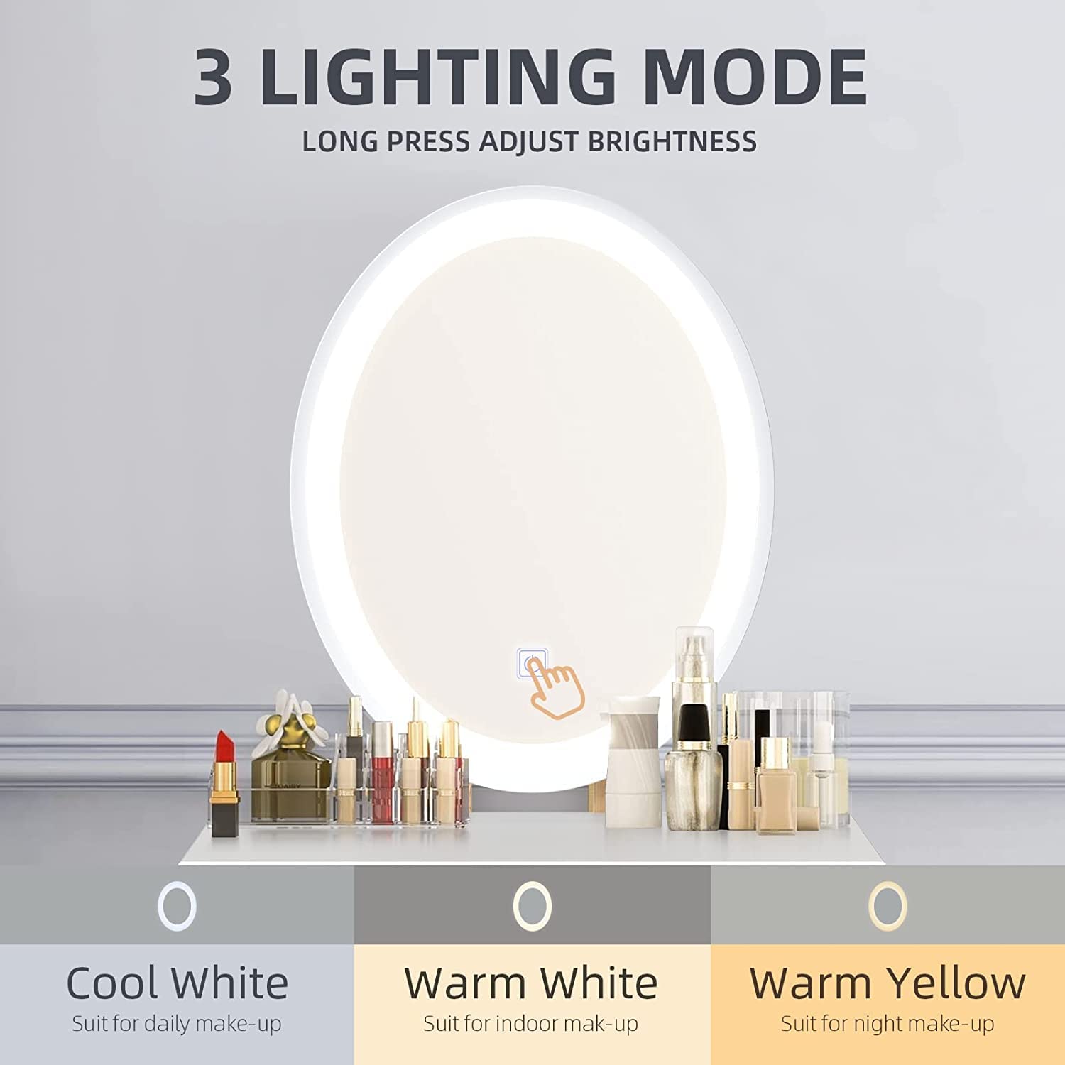 YOURLITE Small Vanity Desk with Mirror & LED Lights, Makeup Vanity Table with Chair & Storage Drawers, Compact Grey Vanity Desk for Bedroom - Perfect for Small Spaces, Home Makeup Studio & Dressing Area