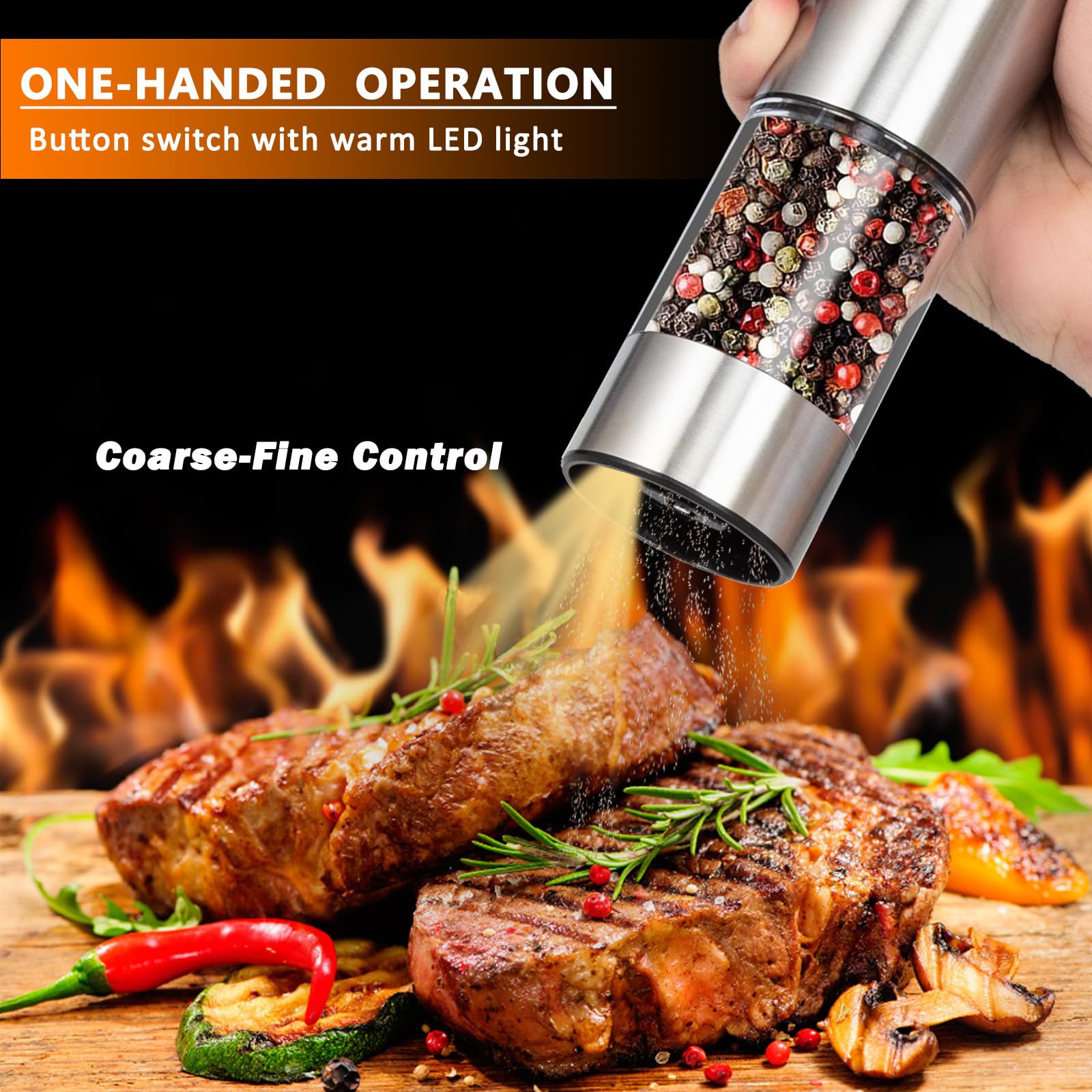 Rechargeable Electric Salt and Pepper Grinder Set - Stainless Steel Automatic Mill with LED Light & 95ml Washable Container - Refillable Kitchen Spice Shaker for Cooking, Baking & Table Seasoning (Silver)