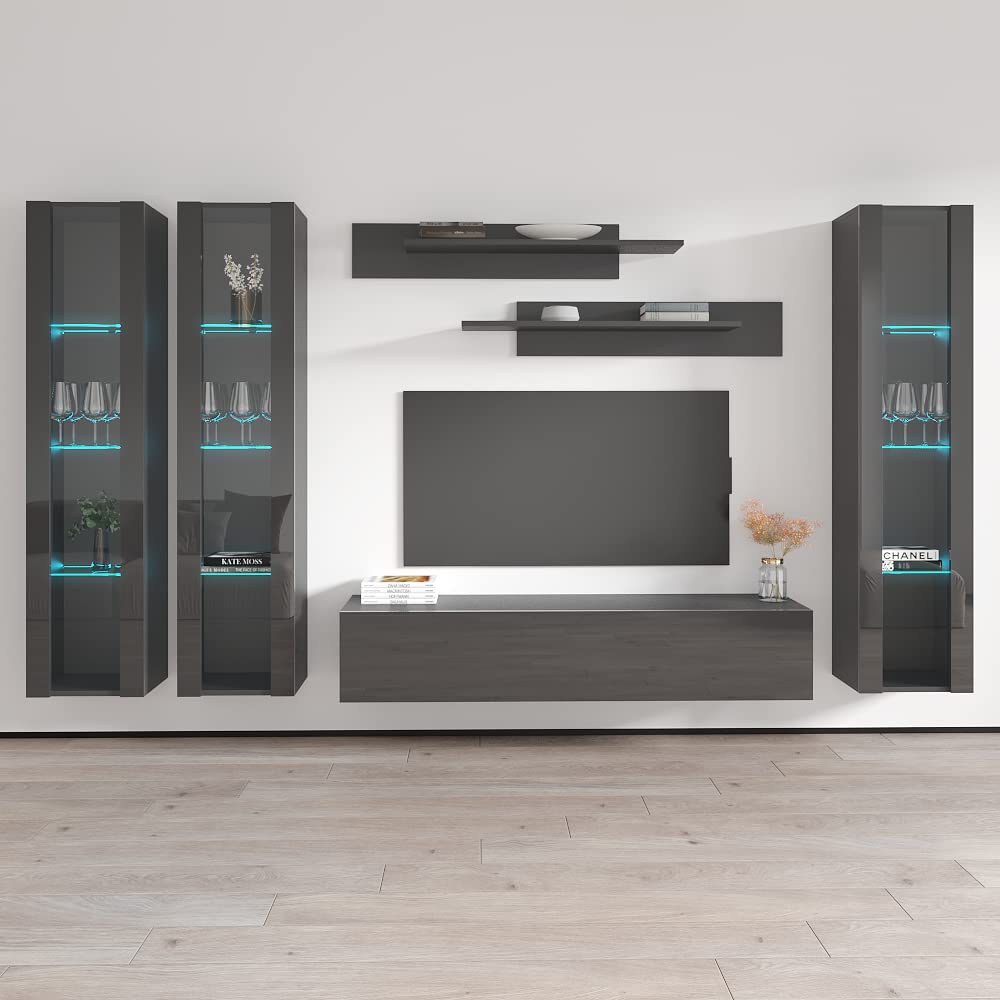 Modern Wall-Mounted TV Stand with Storage Shelves & LED Lights - Fly C 30 Entertainment Center Console for Bedroom & Living Room - Space-Saving Gray TV Cabinet for Flat Screens up to 30