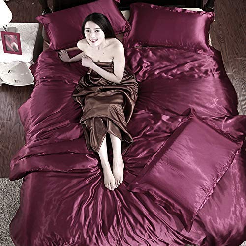 Luxury 10-Piece Satin Comforter Set - Soft Silk-Like Bedding (Comforter, Duvet Cover, Flat Sheet, Fitted Sheet, 6 Pillowcases) - Durable & Comfortable Olympic Queen Size in Wine Red - Perfect for Master Bedrooms, Guest Rooms & Luxury Hotels