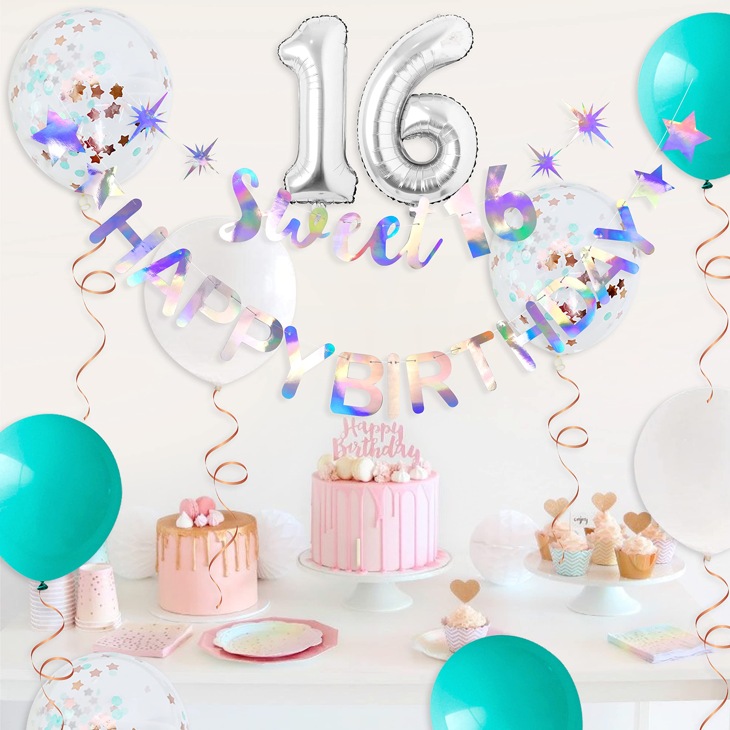 Sweet 16 Birthday Banner Garland - Iridescent Happy Birthday Sign for Sweet Sixteen Party Decorations & Supplies | Perfect for 16th Birthday Party Backdrops, Photo Booths & Wall Decor