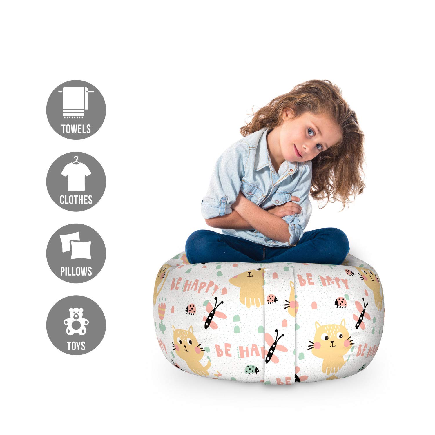 Ambesonne Cartoon Toy Storage Bag Chair - Pastel Kitten, Butterfly, Ladybug & Flower Design - Washable Stuffed Animal Organizer for Kids Room - Small Multicolor Kids Furniture for Playroom & Nursery Organization