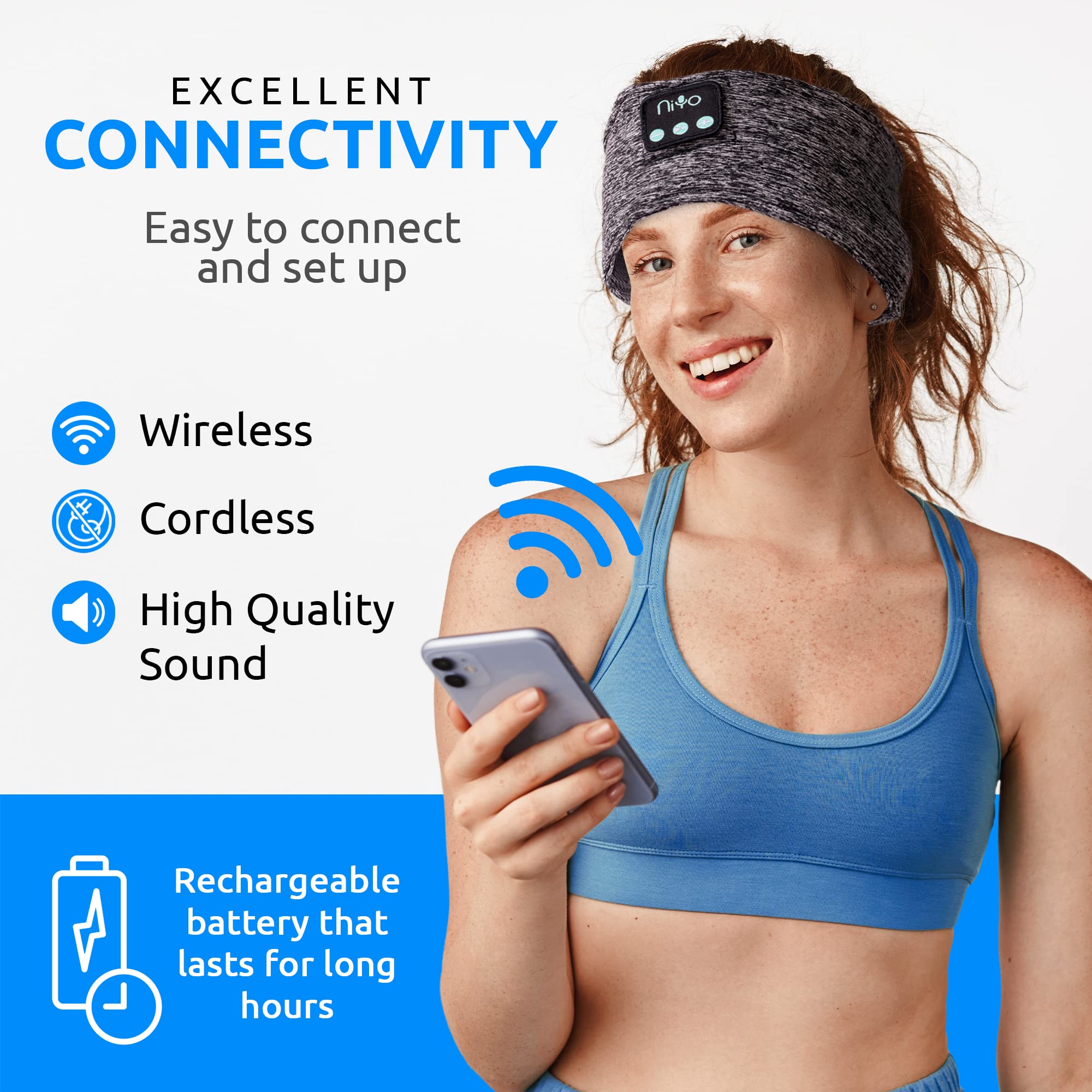 NiYo Sleep Headband with Built-In Bluetooth Headphones & Mic - Wireless Sleeping Headphones for Kids, Teens & Adults | Comfortable Small Size for Side Sleepers | Perfect for Nighttime Relaxation, Meditation & Travel