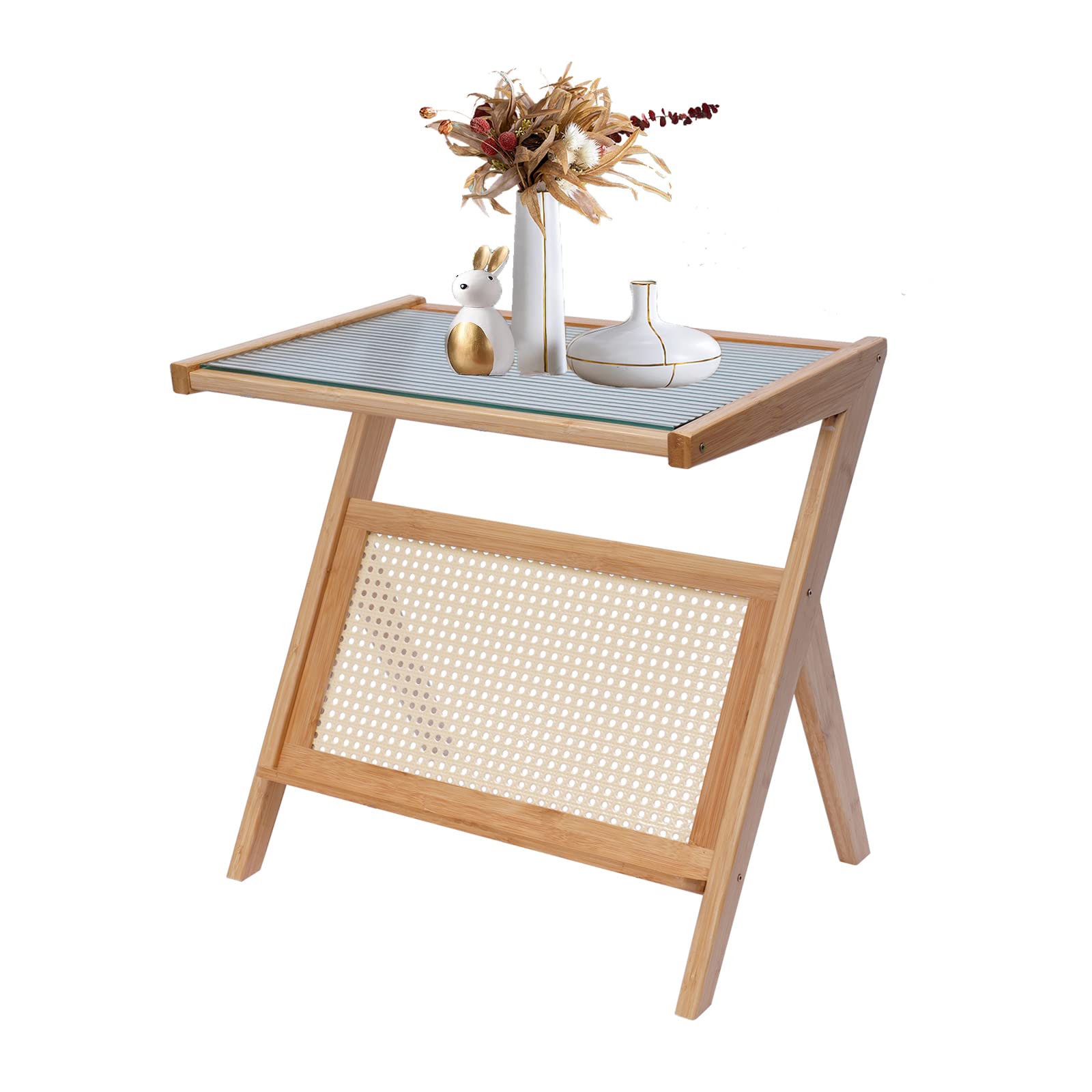 Gdrasuya10 Rattan Side Table - Bamboo Nightstand with Magazine Rack, Decorative End Table for Living Room, Bedroom & Coffee Shop - Perfect for Small Spaces, Reading Nooks & Coffee Table Decor