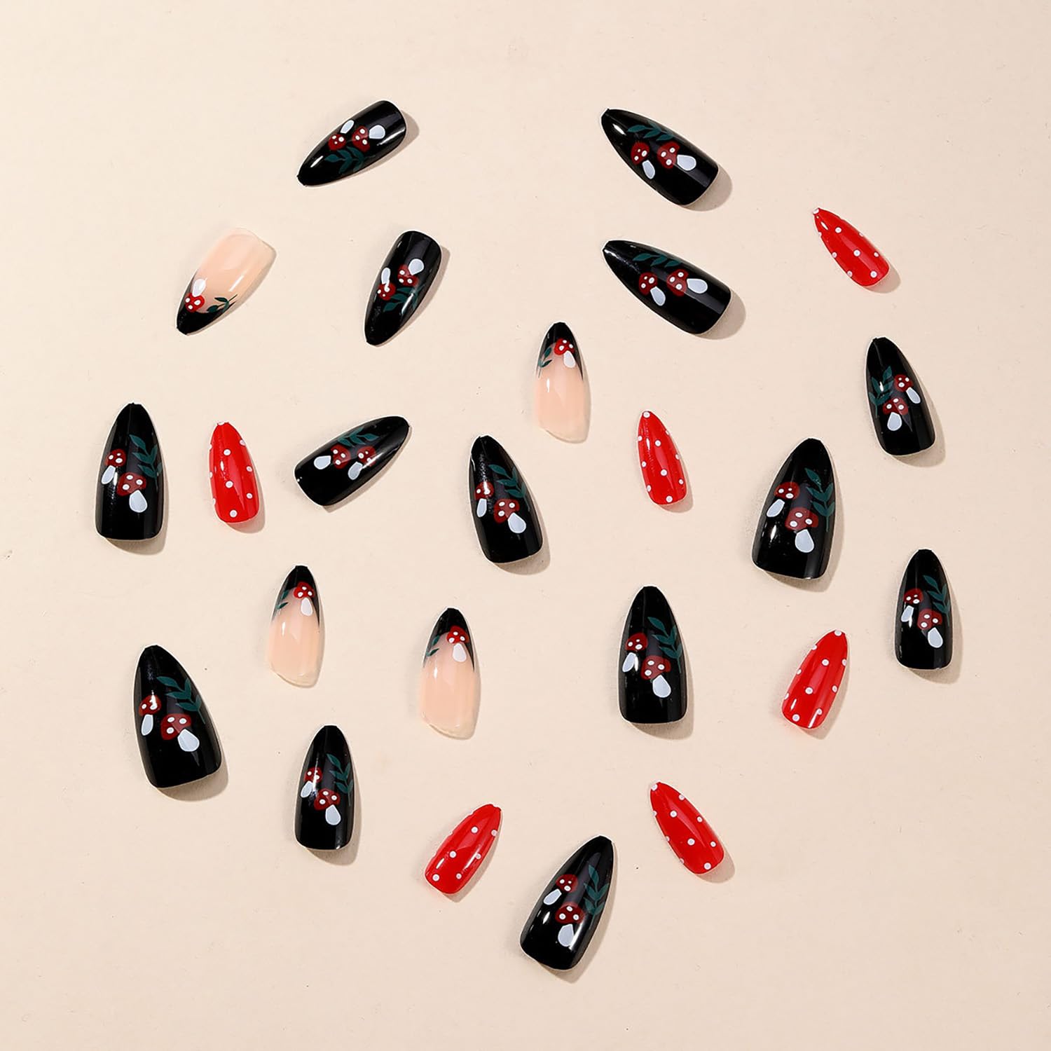 **Press on Nails Almond Medium Length - Glossy Black Acrylic Fake Nails with Mushroom Designs & Charms, Full Cover Artificial Nails for Women & Girls - Perfect for Parties, Halloween, Cosplay & Everyday Wear**