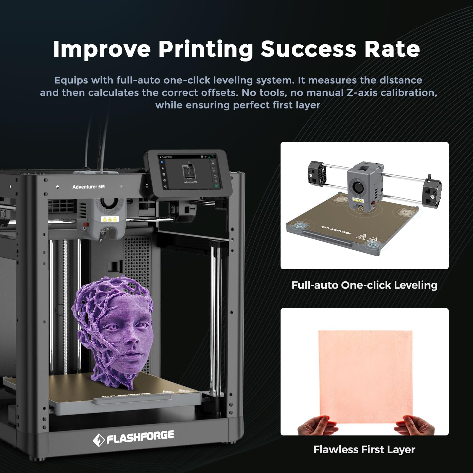 FLASHFORGE Adventurer 5M 3D Printer - 600mm/s High Speed Core XY Printer with Auto Leveling, 280°C Direct Extruder & Quick-Change Nozzle | Dual-Sided PEI Build Plate & Cooling System | Perfect for Home Use, STEM Education & Beginner 3D Printing Projects