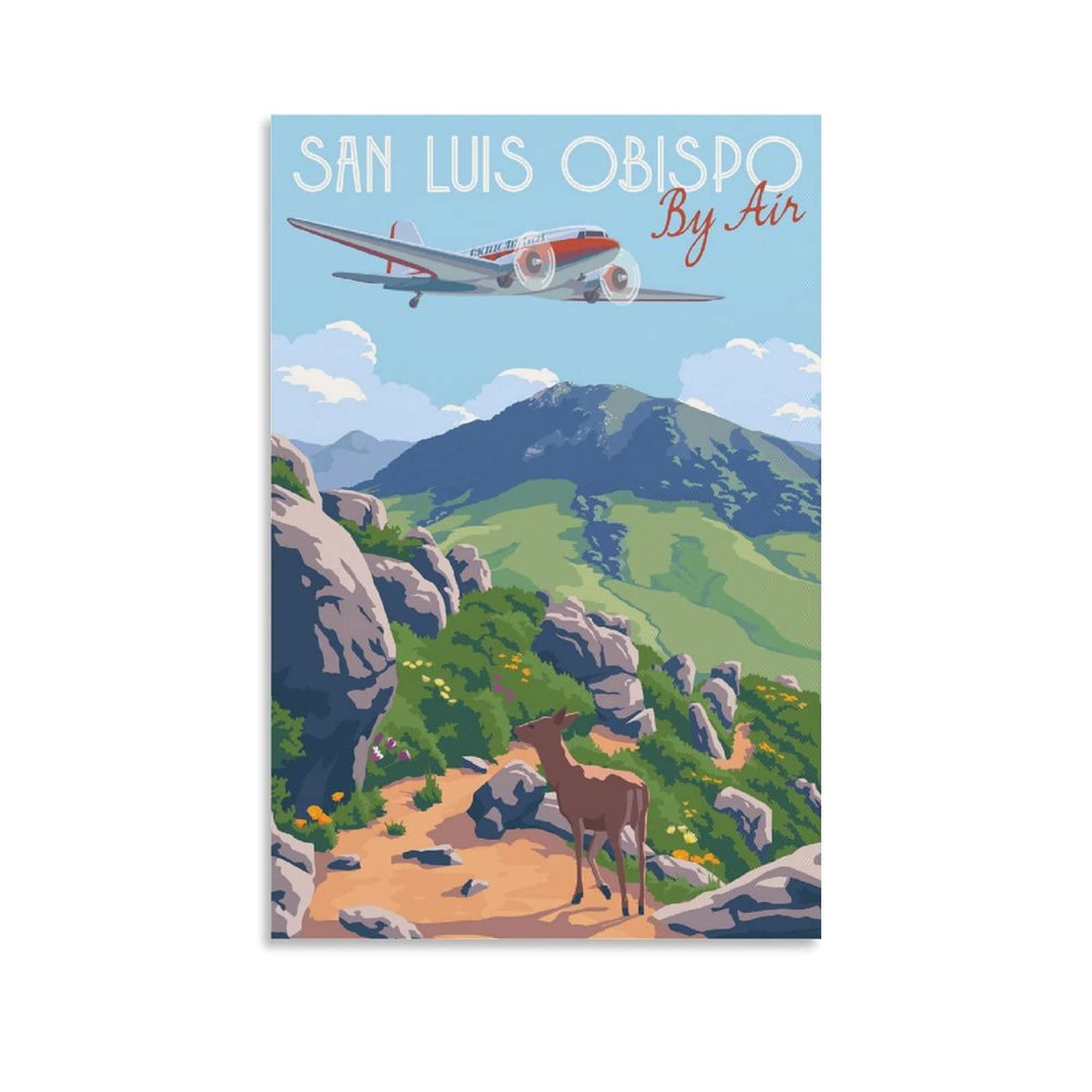 Vintage California Travel Poster - San Luis Obispo Aerial View with Airplane, Deer & Mountain Canvas Wall Art (8x12 inches) - Perfect for Living Room, Bedroom & Office Decor | Retro Home Decor & Wall Painting Prints