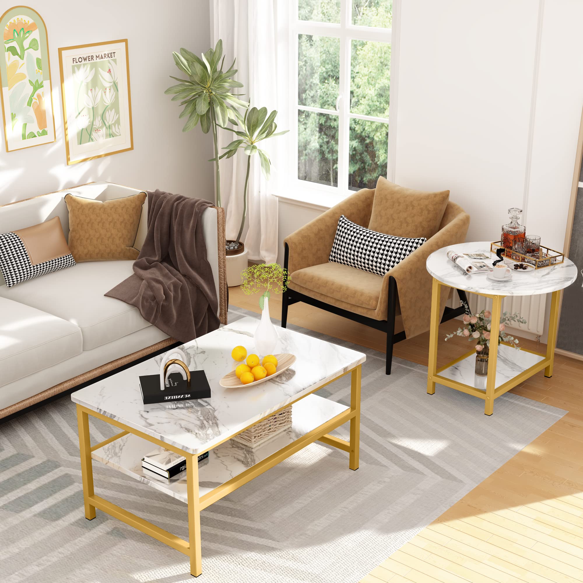 AWQM Nesting Coffee Table Set of 2 - Modern Rectangular & Round Side Tables with Open Storage & Adjustable Shelf - White Living Room & Bedroom Furniture for Small Spaces, Apartments, and Home Decor