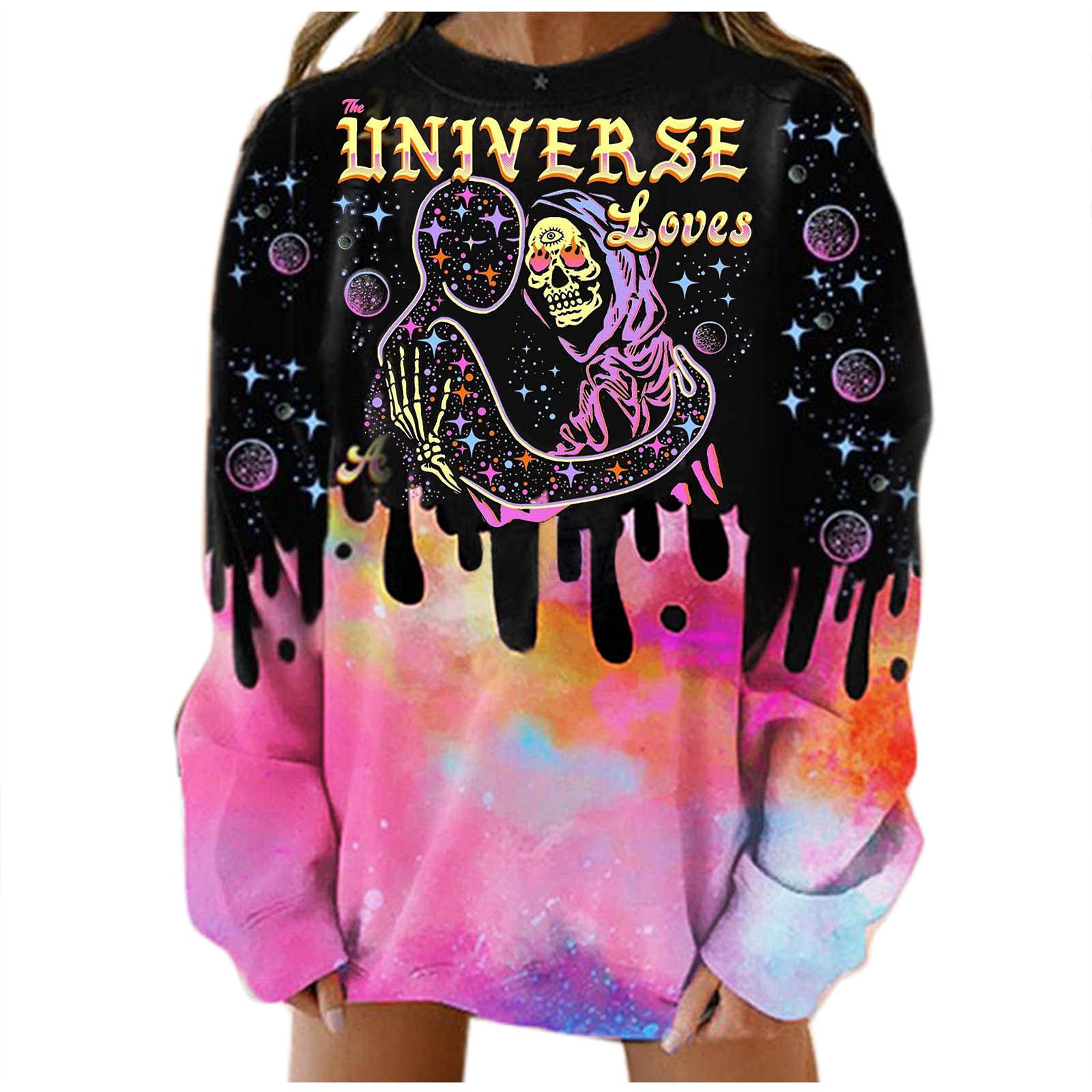 Women's Halloween Skeleton Tie-Dye Print Jogging Outfit Set - Long Sleeve Patched Sweater & Pants for Running, Gym Workouts & Spooky Costume Parties