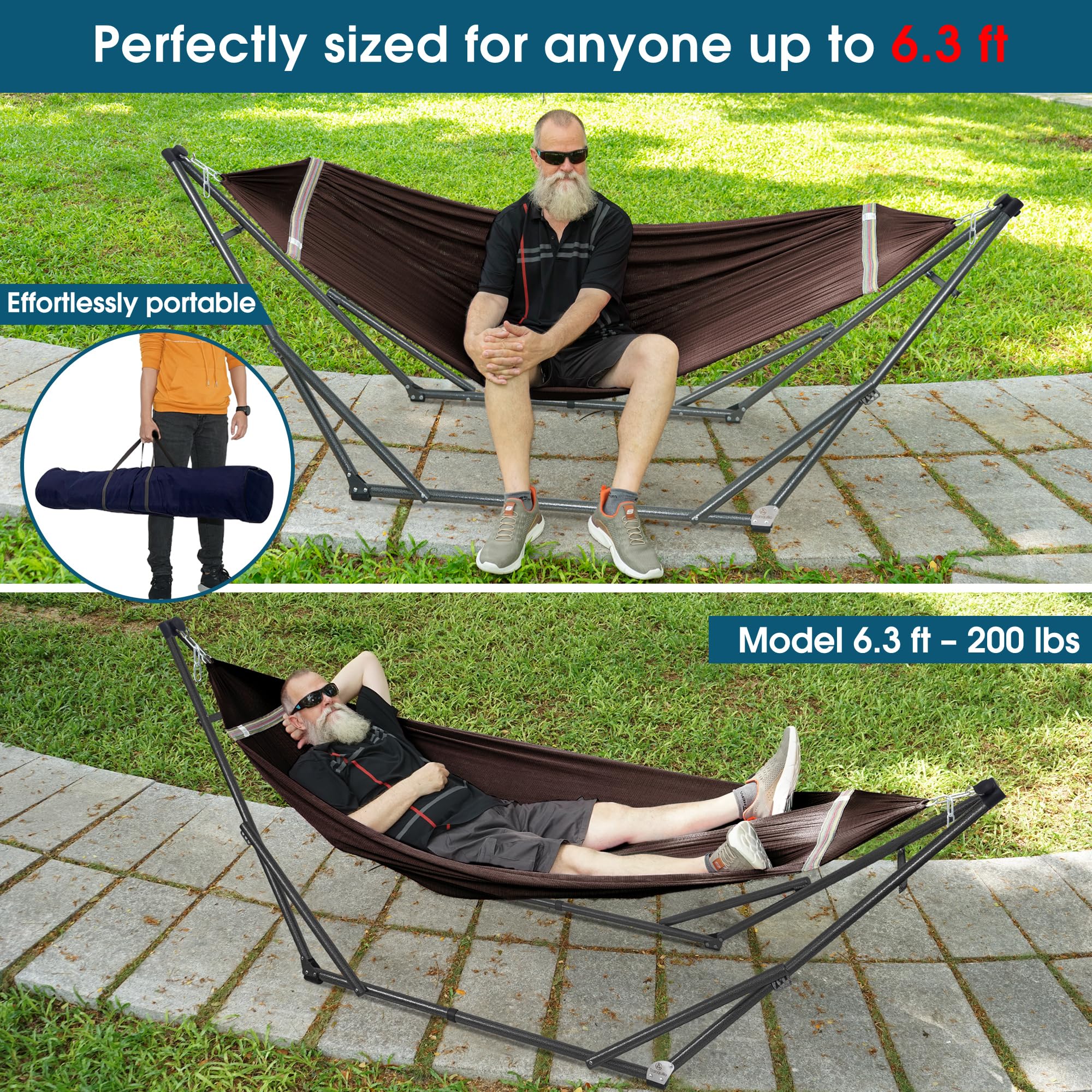 Tranquillo Adjustable & Collapsible Hammock Stand with 600 lbs Capacity - Double Hammock for 2 Persons - 30 Second Assembly - Portable for Camping, Travel, Picnic, Balcony & Backyard (Brown) - Perfect for Outdoor Relaxation, Beach Lounging & Backyard Getaways