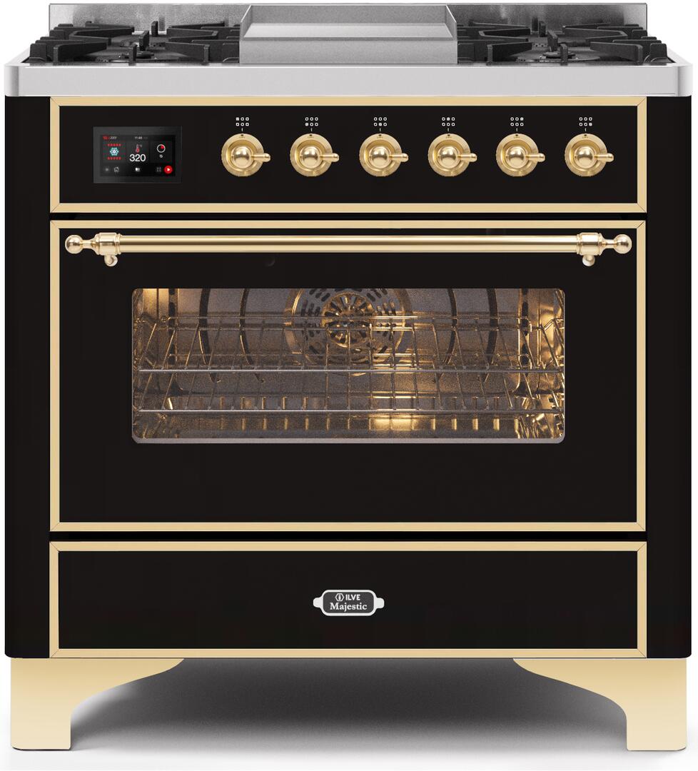 ILVE Majestic II 36 Inch Dual Fuel Freestanding Range - Natural Gas, Glossy Black with Brass Trim (UM09FDNS3BKG) - Perfect for Gourmet Kitchens & Professional Chefs