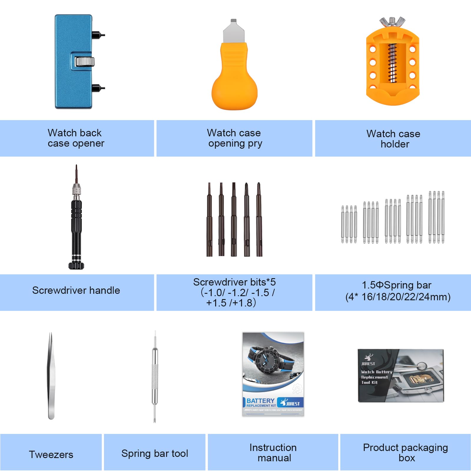 JOREST Professional Watch Battery Replacement Kit - Watch Repair Screwdriver Set with Spring Bar Tool, Case Opener & Back Remover - Essential Watch Band Replacement Tools for DIY Watch Repair at Home or Jewelry Shop