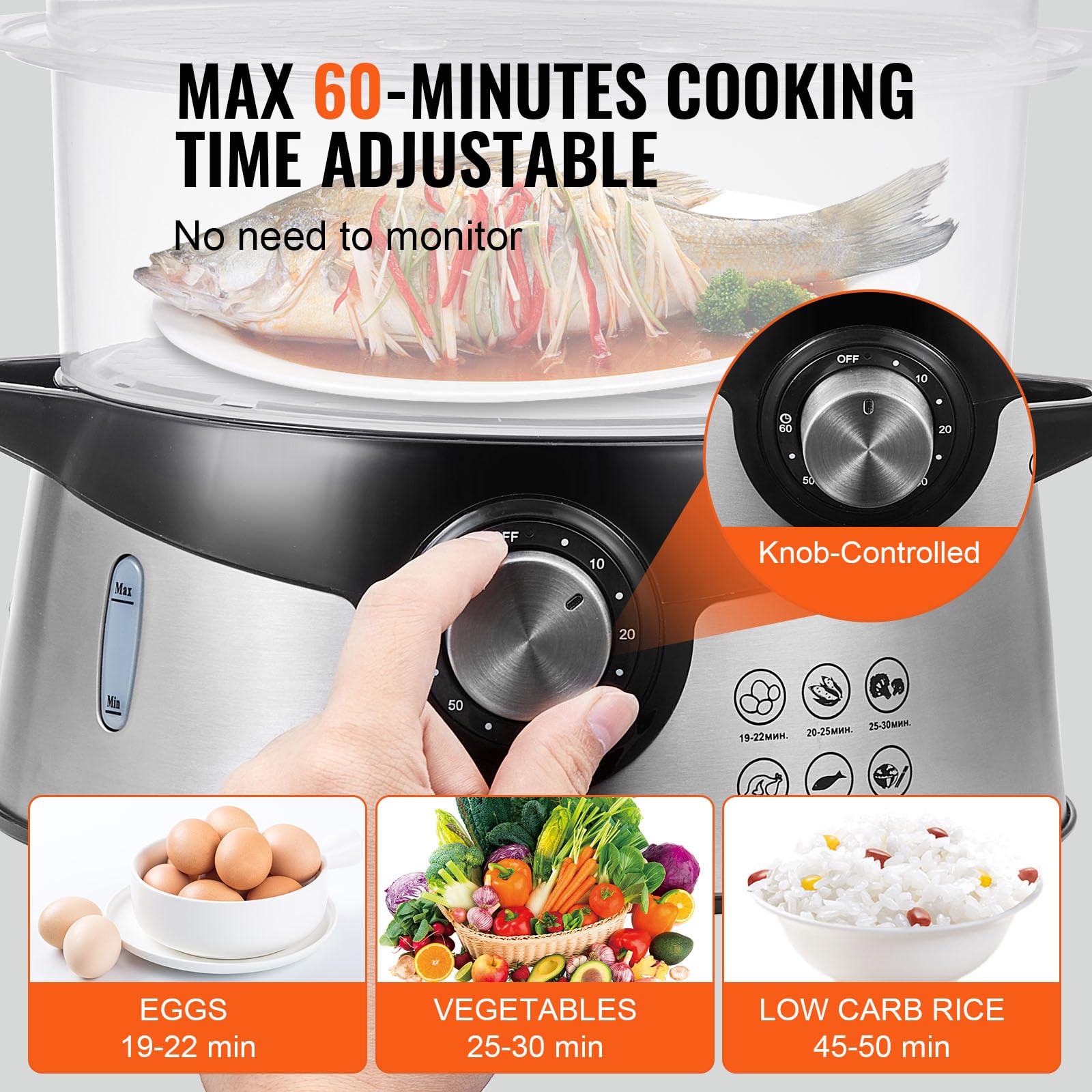 VEVOR 9.5Qt Electric Food Steamer with 3-Tier Stackable Trays - 800W Vegetable & Meat Steamer with 60 Min Timer, Auto Shut-Off & Boil Dry Protection - Perfect for Healthy Cooking, Meal Prep & Large Families