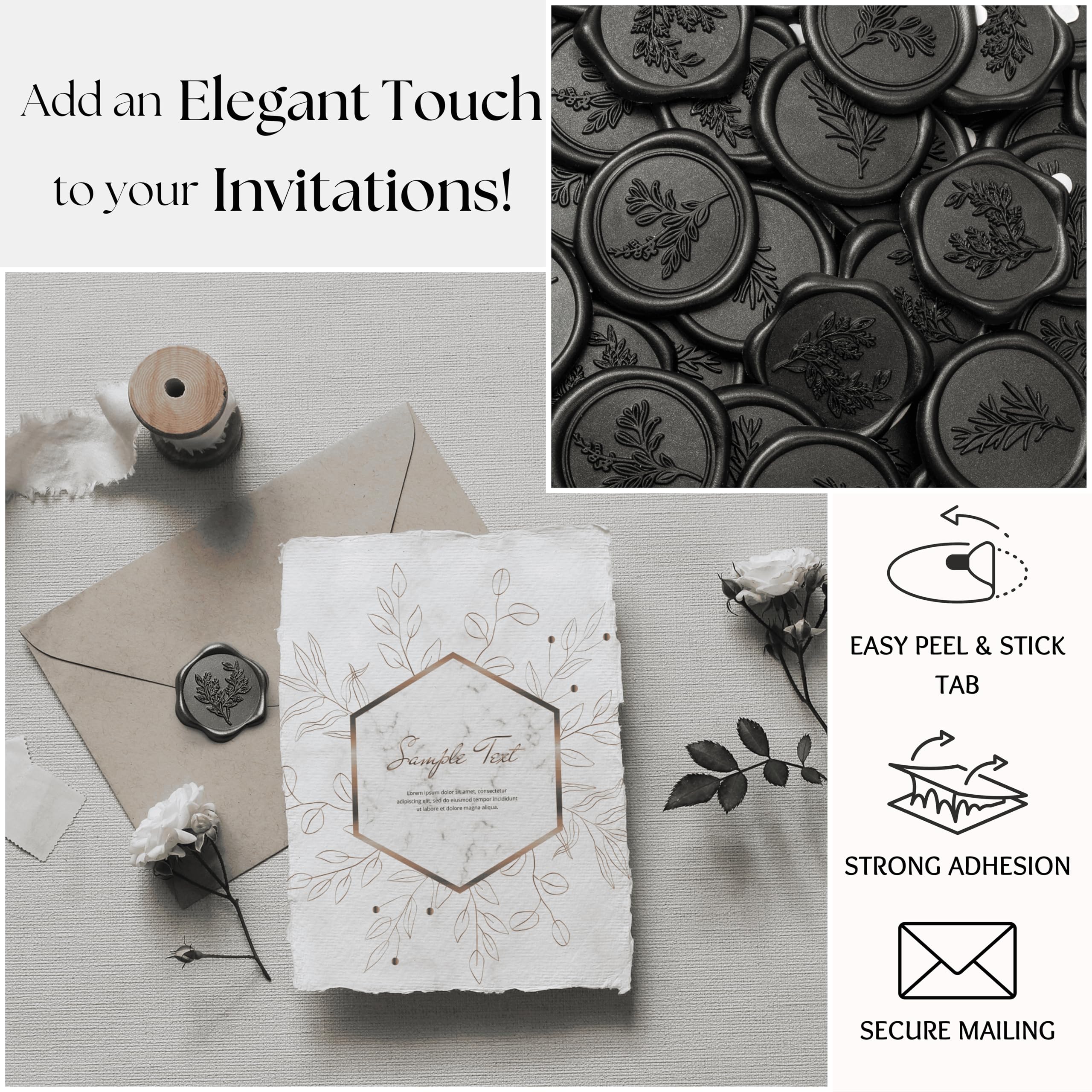 60 Pcs Black Wax Seal Stickers for Wedding Invitations & Envelopes - 3 Elegant Designs in 1 Pack - Premium Scrapbooking & Christmas Seals for DIY Crafts, Gift Wrapping & Stationery Decor
