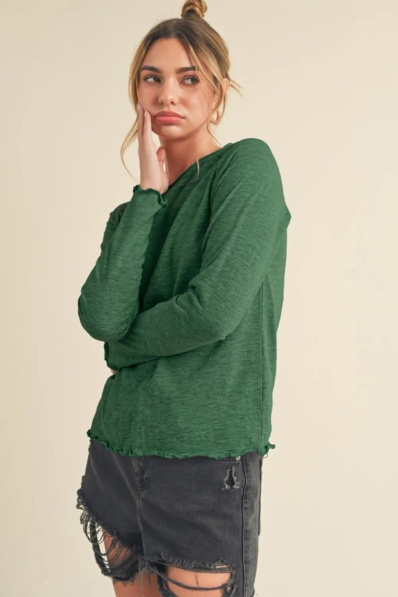 Aemi + Co Women's Lettuce Hem Round Neck Raglan Sleeve T-Shirt - Casual Comfort Top for Everyday Wear, Lounge & Outings