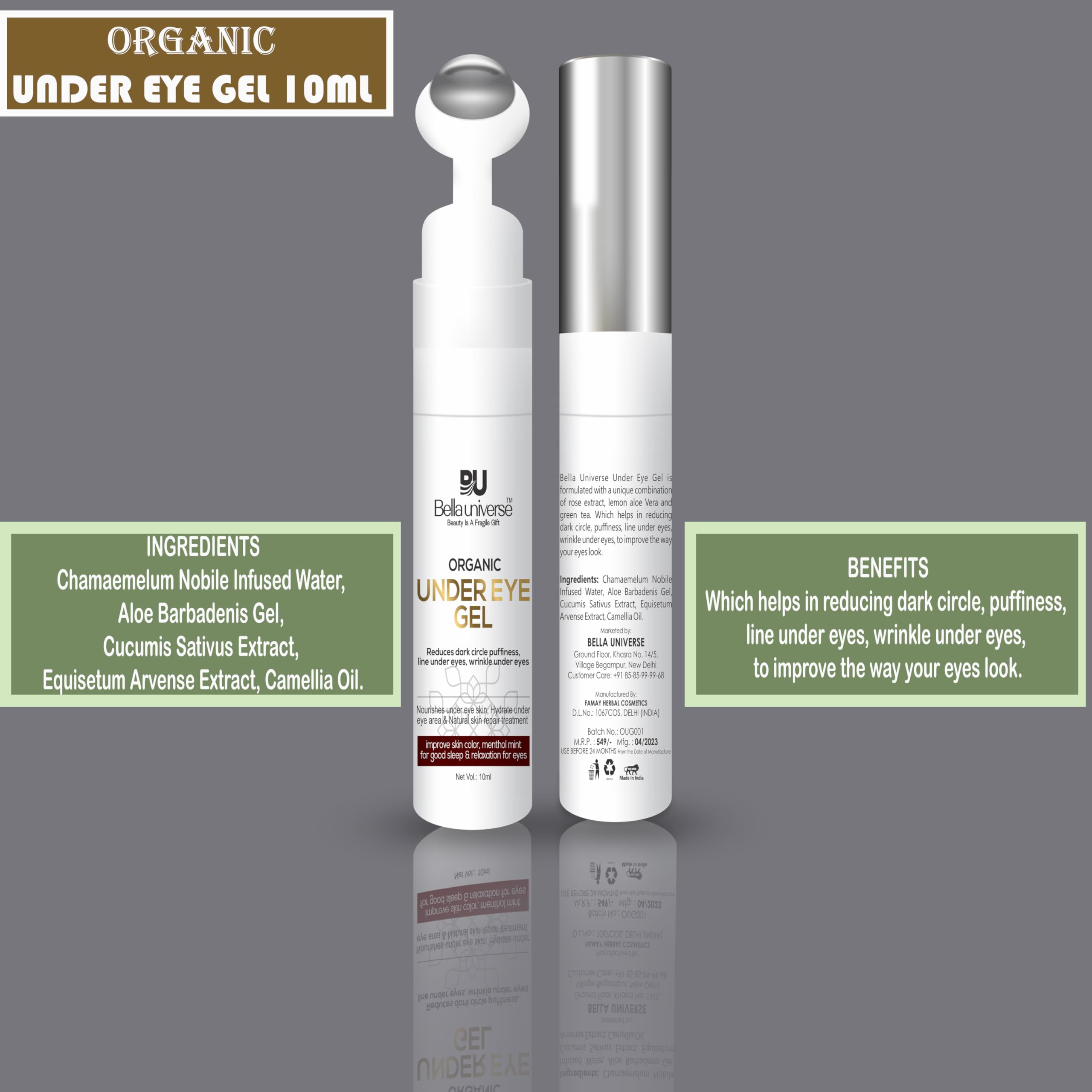 BELLAUNIVERSE Under Eye Gel for Dark Circles & Puffiness - Anti-Aging Eye Cream with Camellia Oil & Aloe Vera - Cooling Roller for Fine Lines & Wrinkles - Men & Women - Perfect for Morning Routine & Night Care