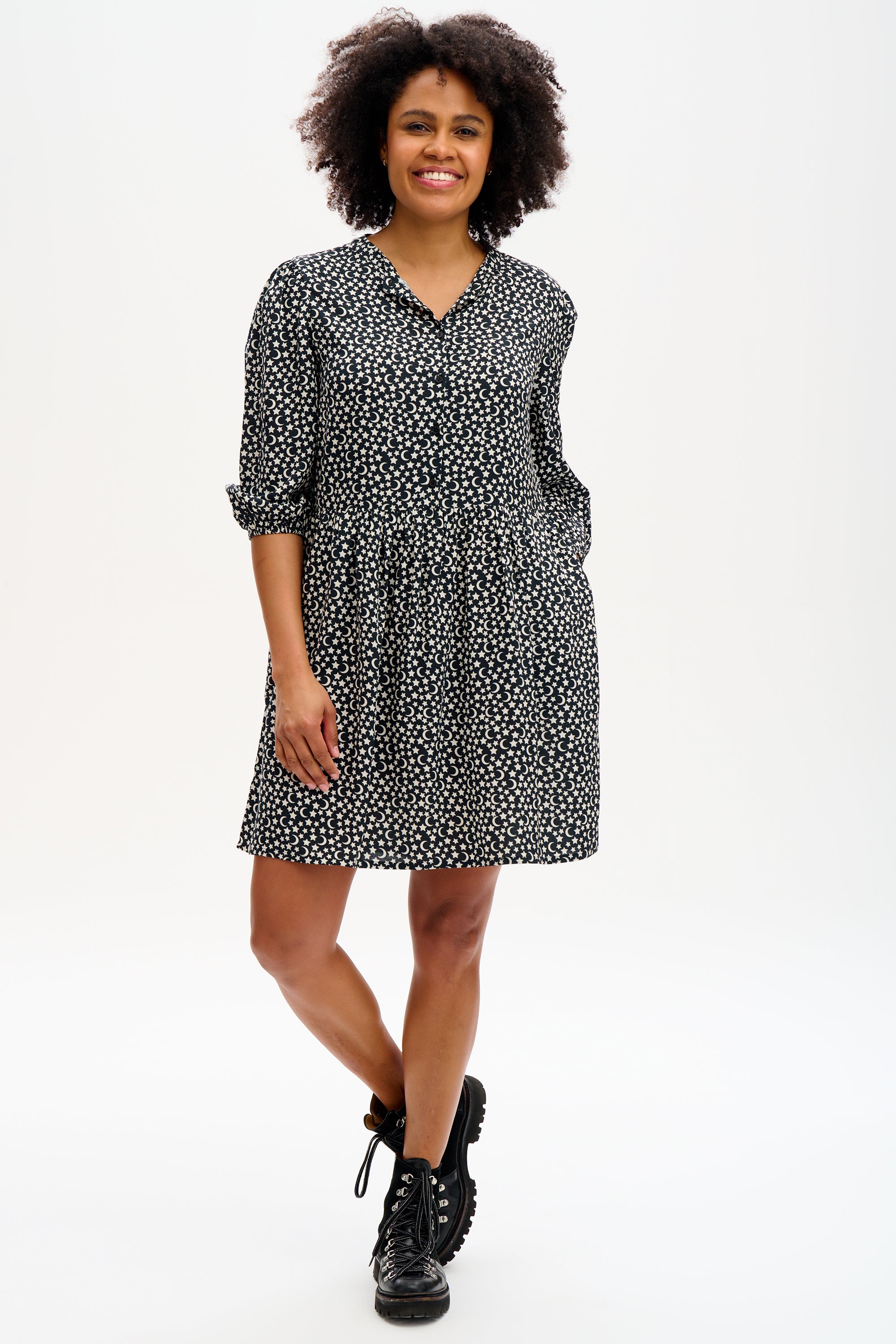 Astra Smock Dress - Monochrome Moon & Stars Print | Elegant Boho Style for Women | Perfect for Casual Outings, Date Nights & Festivals