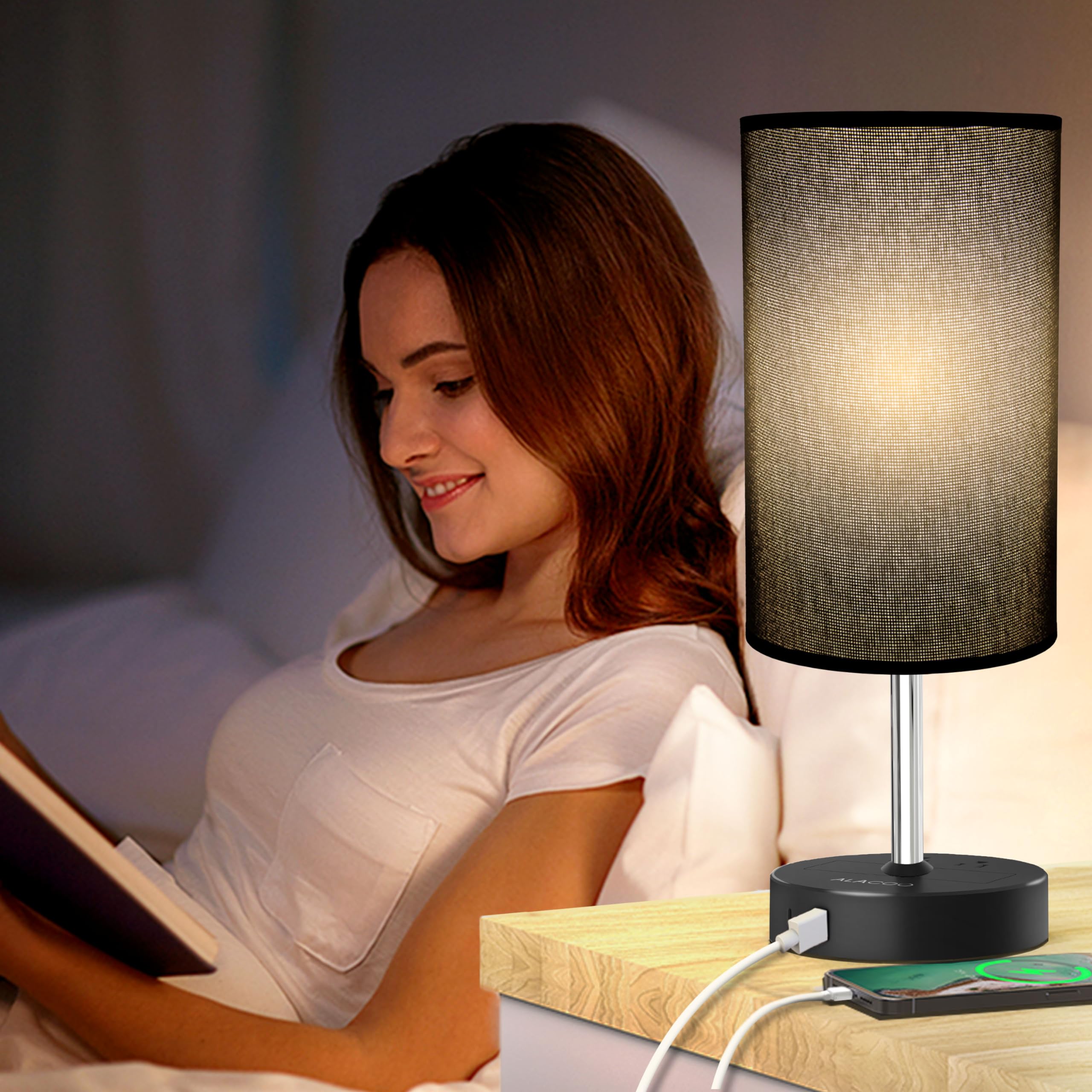 Modern Black Touch Lamp with USB A & C Charging Ports + AC Outlet - 3-Way Dimmable Nightstand Light for Bedroom & Office Desk, E26 LED Bulb Compatible - Perfect for Reading, Working & Nighttime Ambience